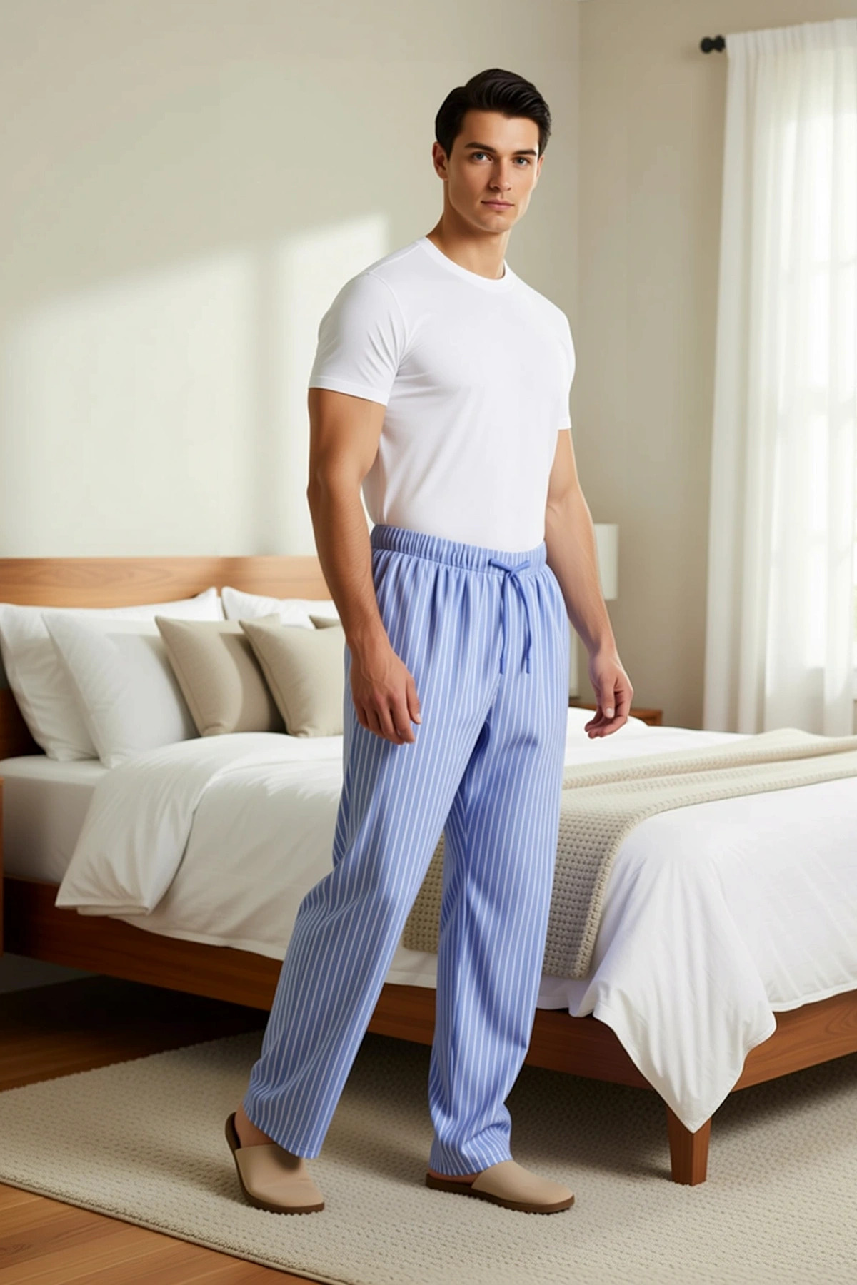 Erkek Bisiklet Yaka Standart Kol Regular Fit Çizgili Pijama Takımı Fonksiyonel Dayanıklı Şık