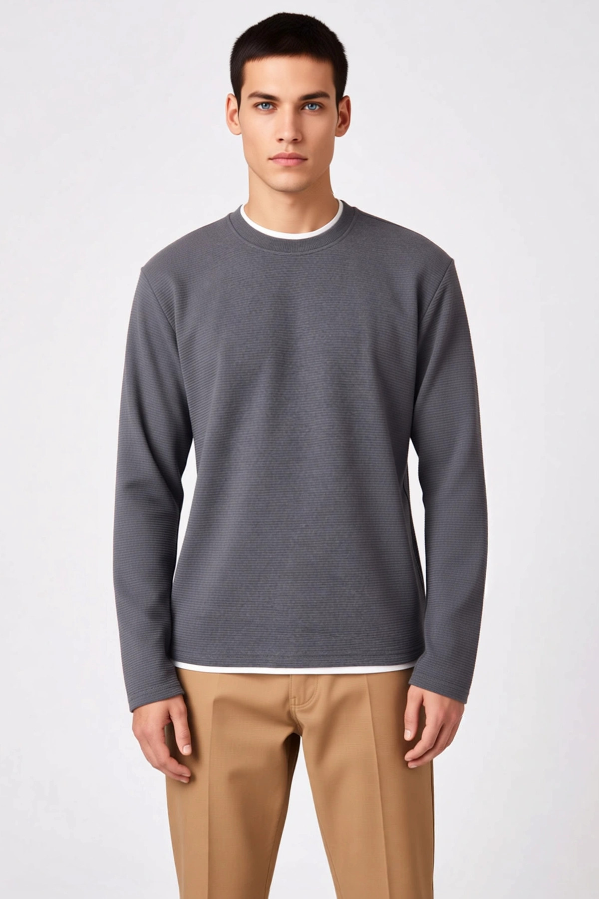 Erkek Bisiklet Yaka Standart Kol Regular Kalıp Dokulu Sweatshirt Fonksiyonel Dayanıklı Şık