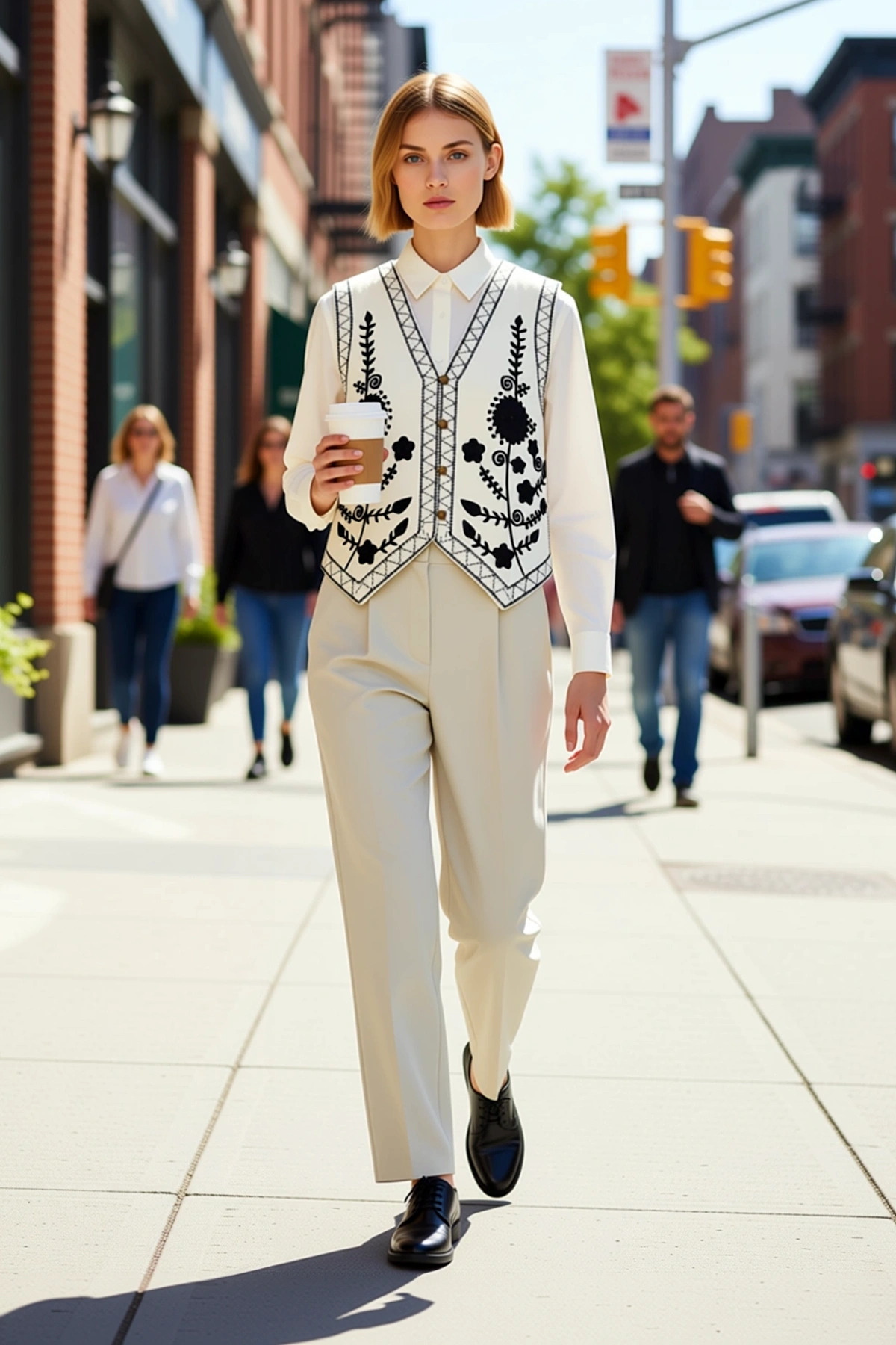 Alternative view of Kadın V Yaka Kolsuz Regular Kalıp Dokuma Poplin Kumaş Çiçek Nakış Desenli Astarlı Yelek İlkbahar