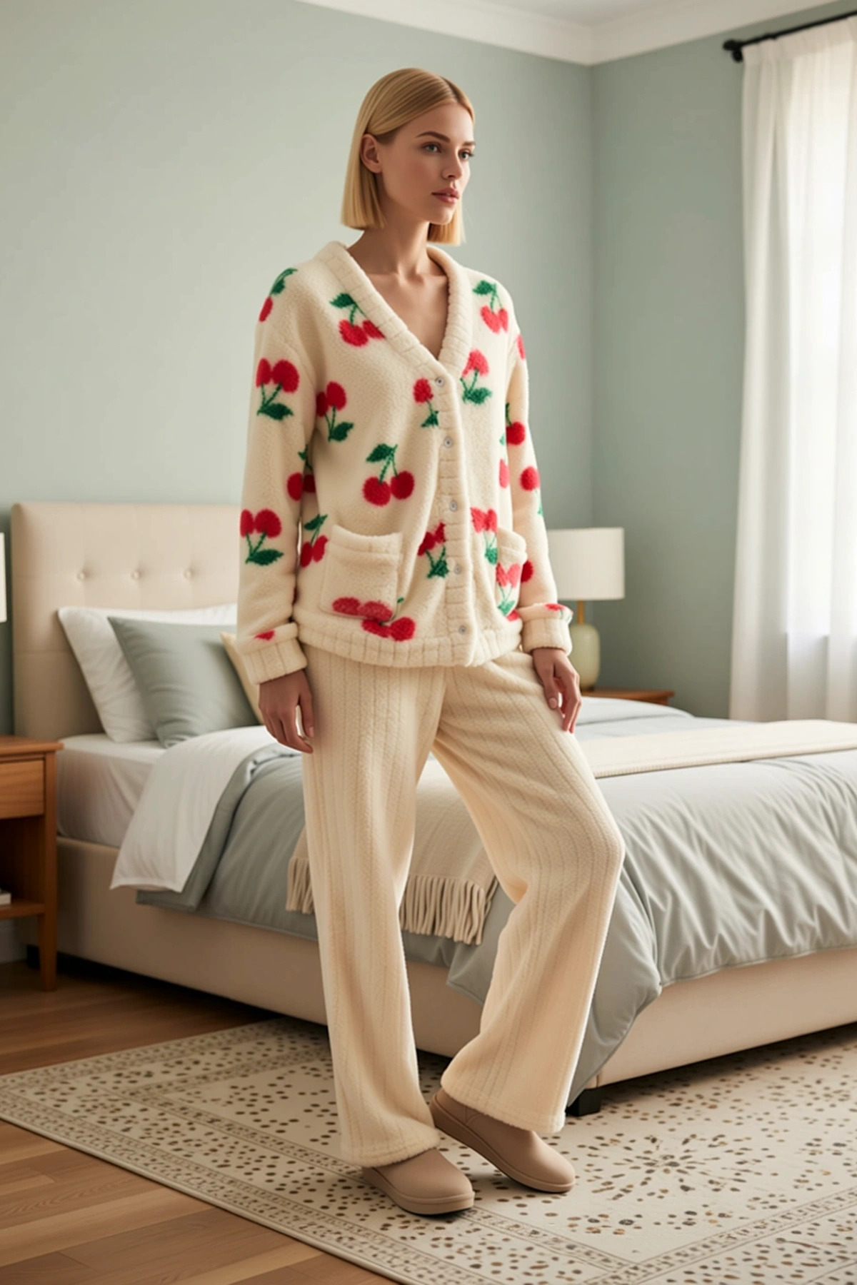 Kadın V Yaka Uzun Kol Regular Kalıp Wellsoft Pijama Takımı Fonksiyonel Dayanıklı Kaliteli Şık