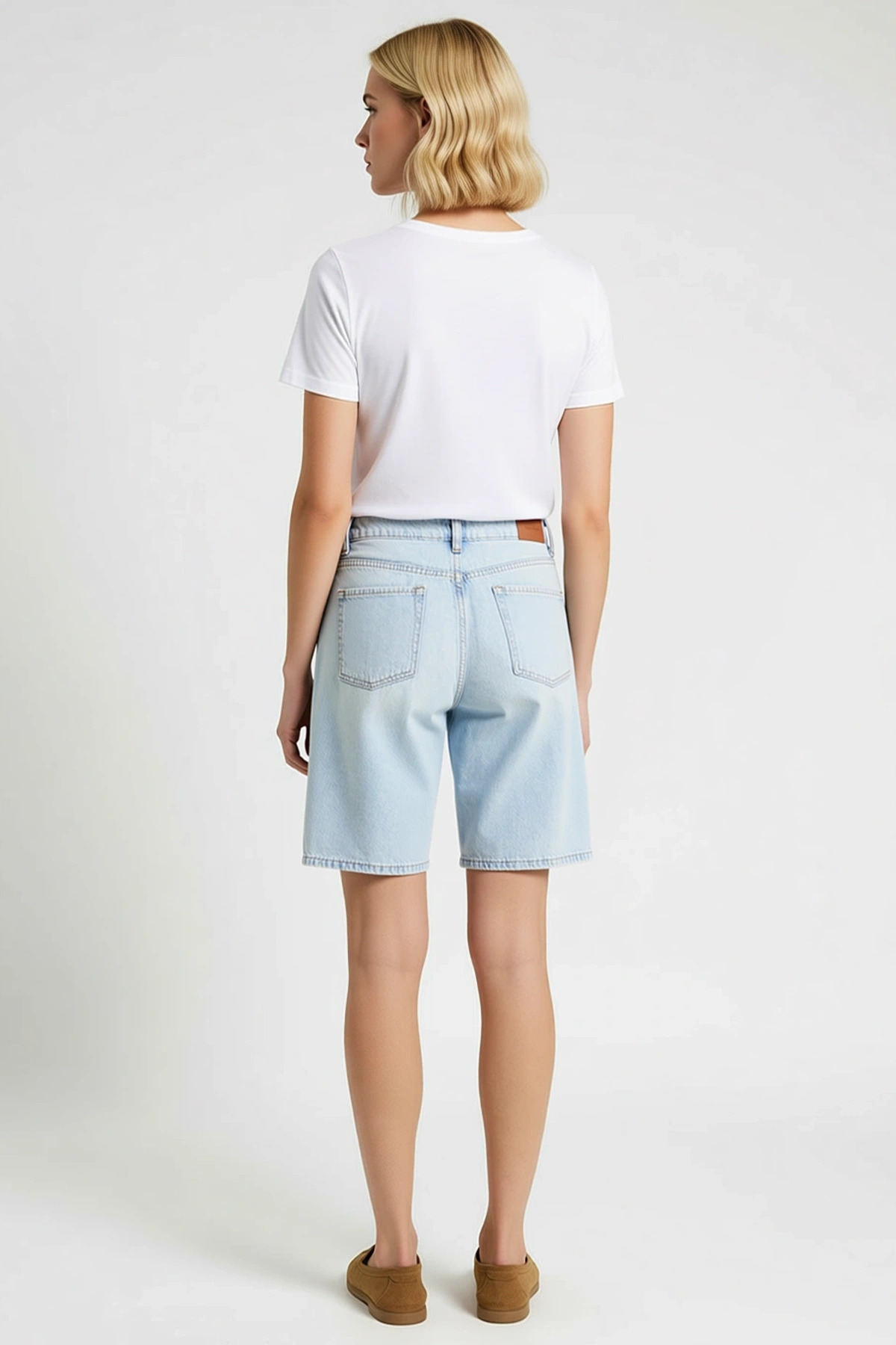 Kadın Bermuda Yüksek Bel Geniş Paça Düz Desen Denim Rahat Kesim Kısa Boy Yazlık Giyim