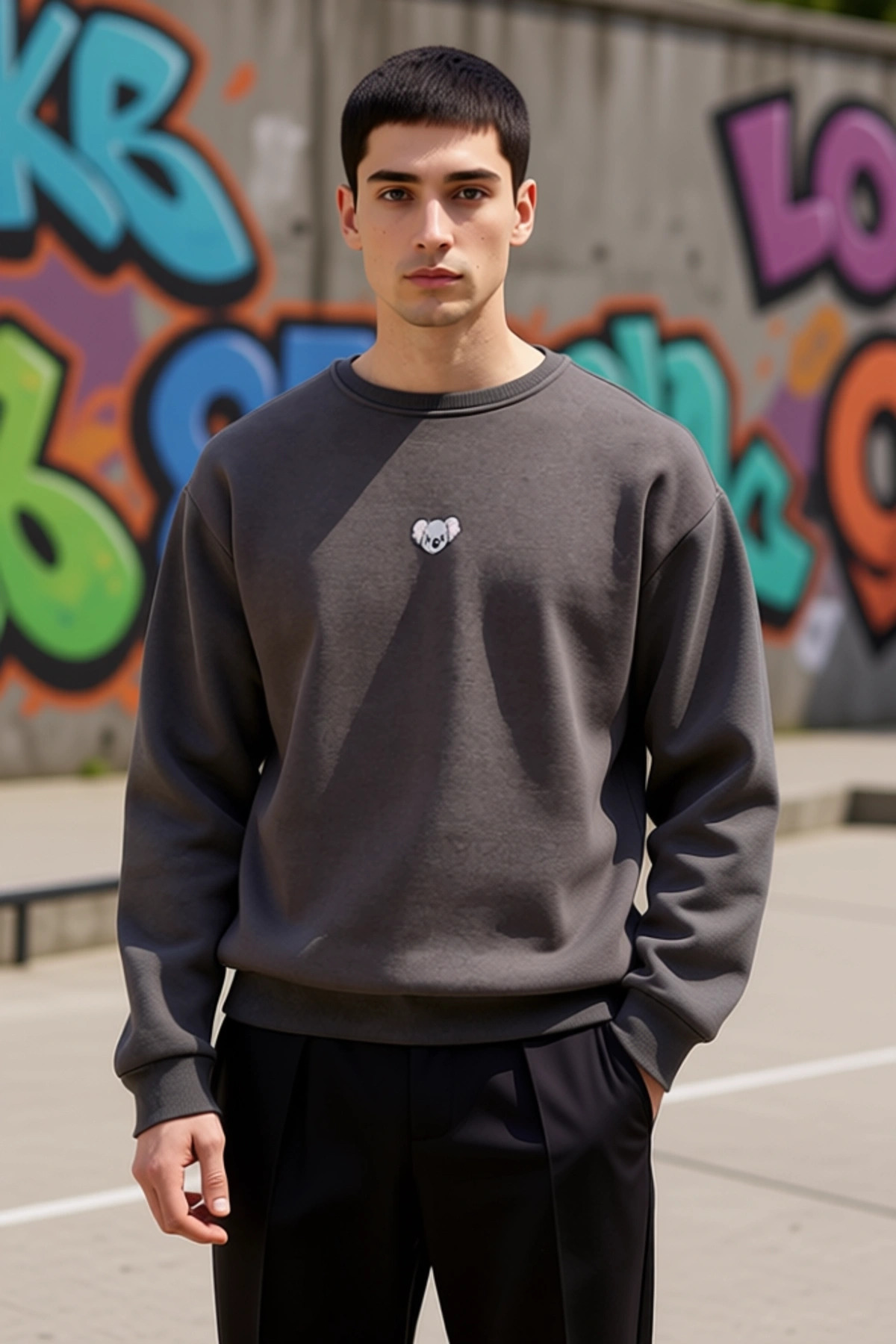 Erkek Bisiklet Yaka Düşük Kol Nakışlı Oversize Sweatshirt %65 Pamuk %35 Polyester Kaliteli