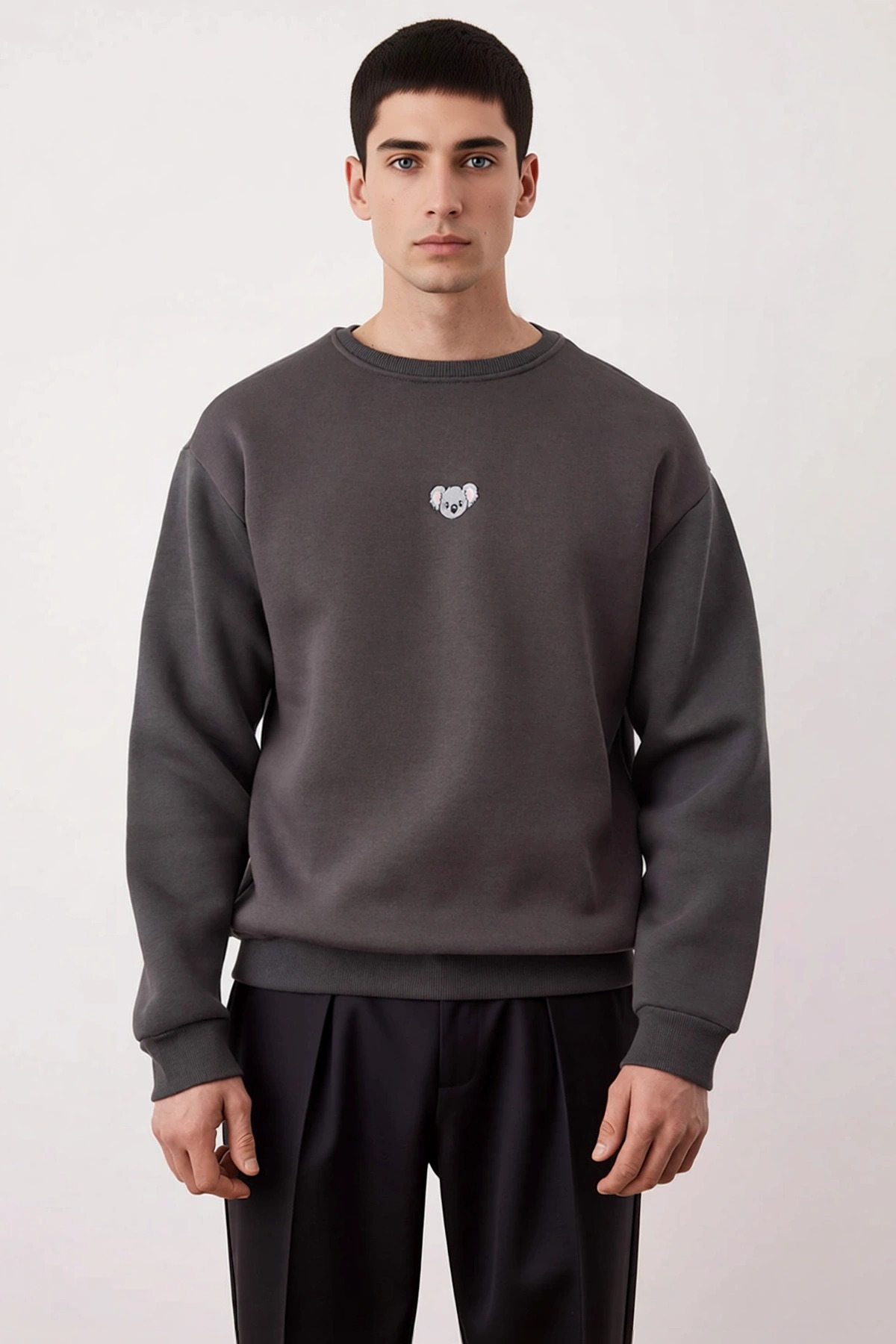 Erkek Bisiklet Yaka Düşük Kol Nakışlı Oversize Sweatshirt %65 Pamuk %35 Polyester Kaliteli
