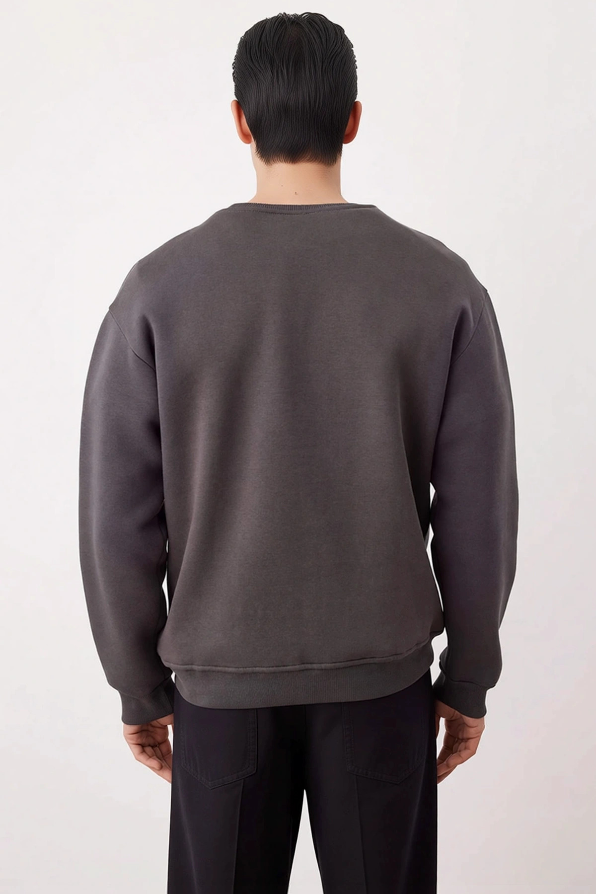 Erkek Bisiklet Yaka Düşük Kol Nakışlı Oversize Sweatshirt %65 Pamuk %35 Polyester Kaliteli