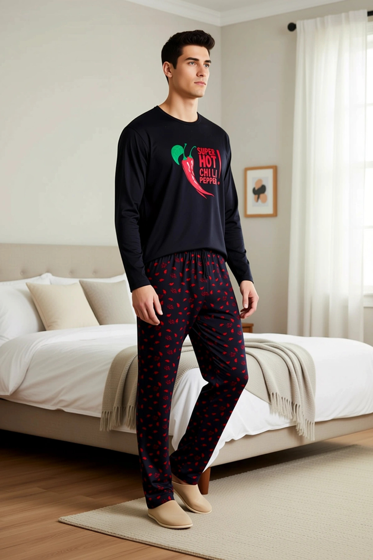 Erkek Bisiklet Yaka Standart Kol Regular Kalıp Uzun Örme Pijama Takımı Fonksiyonel Estetik