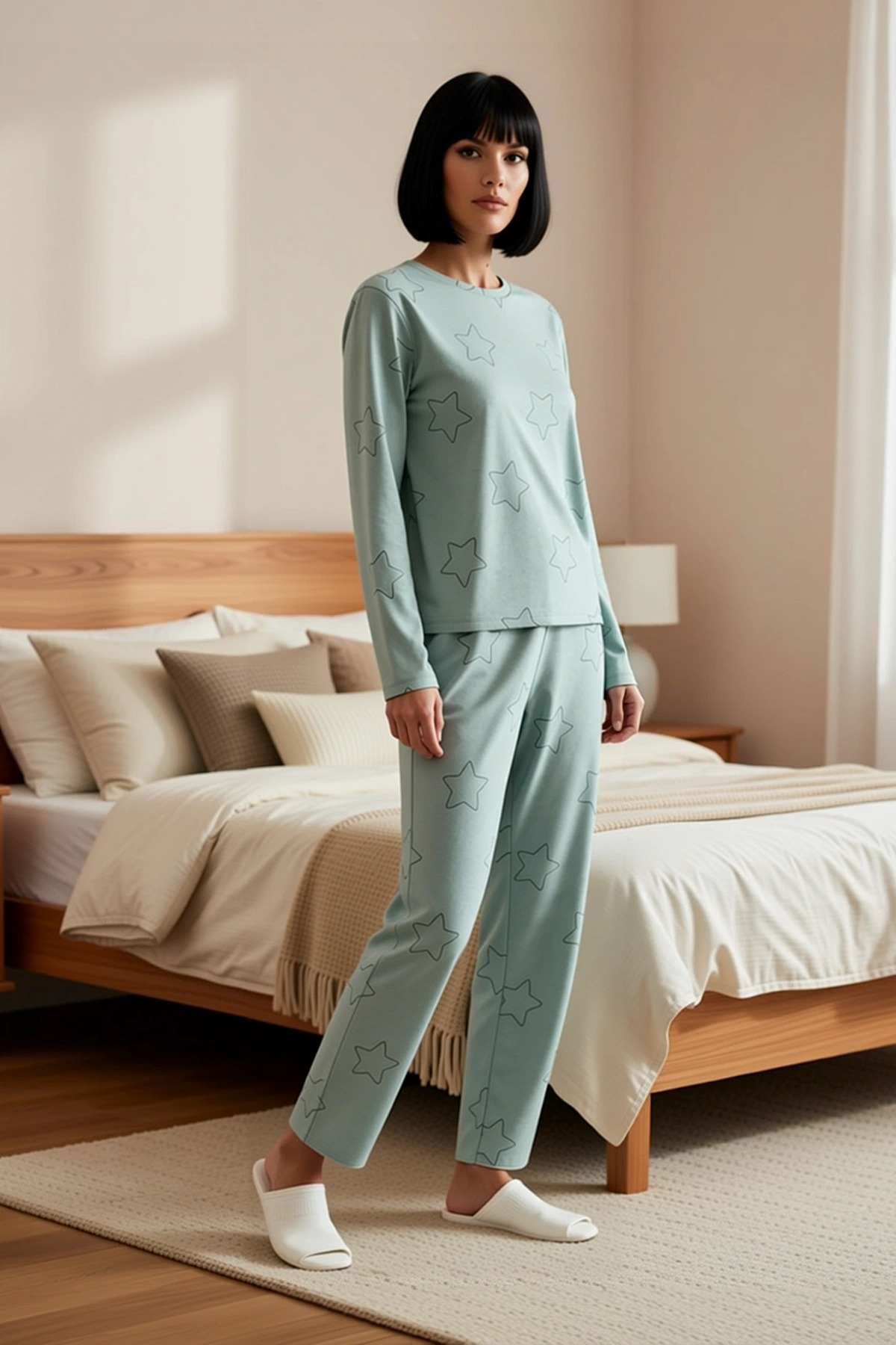 Kadın Bisiklet Yaka Uzun Kol Regular Kalıp Yıldız Desenli Örme Pijama Takımı Şık %100 Pamuk