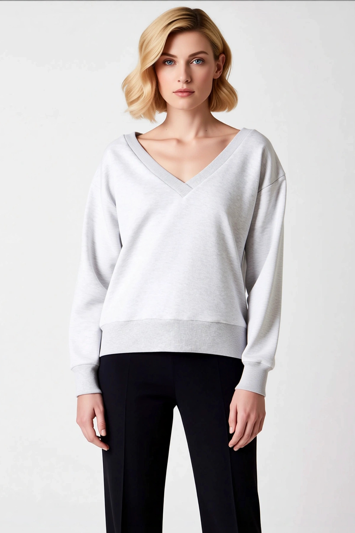 Kadın V Yaka Düşük Kol Oversize Örme Sweatshirt Fonksiyonel Dayanıklı Kaliteli Konforlu Şık