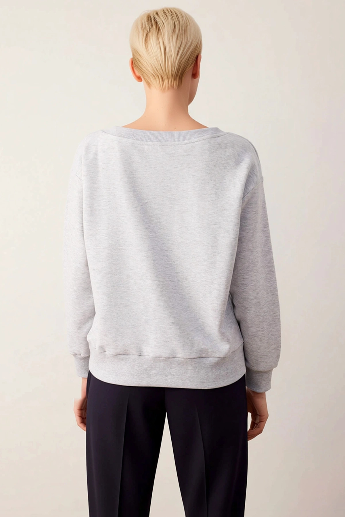 Kadın V Yaka Düşük Kol Oversize Örme Sweatshirt Fonksiyonel Dayanıklı Kaliteli Konforlu Şık