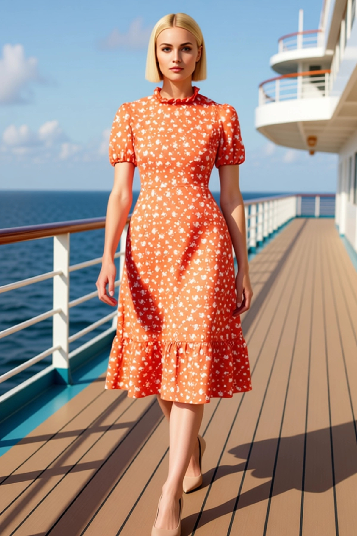 Alternative view of Kadın Dik Yaka Kısa Balon Kol Midi Elbise A Kesim Volanlı Dokuma Fonksiyonel