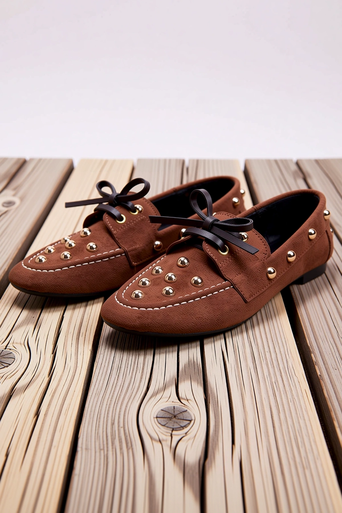 Kadın Süet Loafer Ayakkabı Bağcıklı Yuvarlak Burun Metal Detaylı Düz Topuk Rahat Kesim Günlük Modern