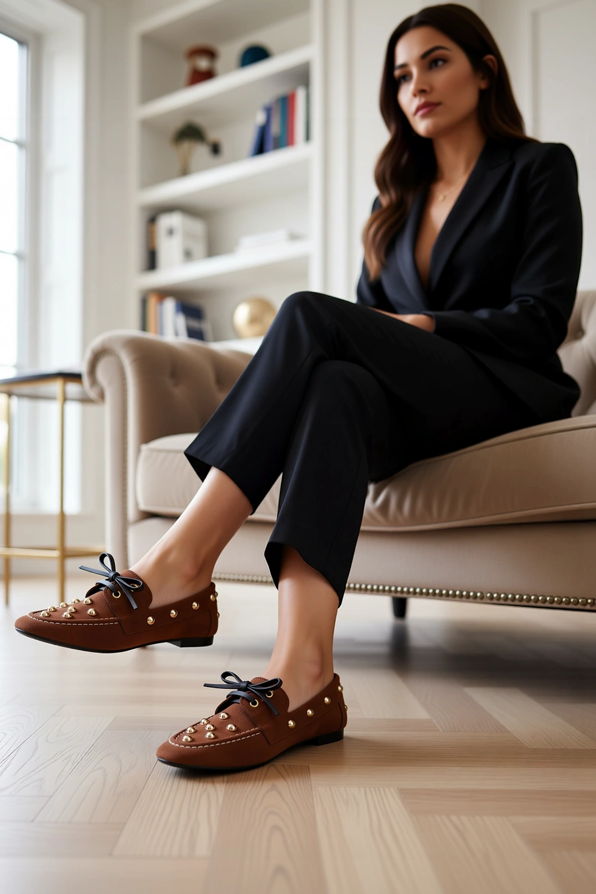 Kadın Süet Loafer Ayakkabı Bağcıklı Yuvarlak Burun Metal Detaylı Düz Topuk Rahat Kesim Günlük Modern