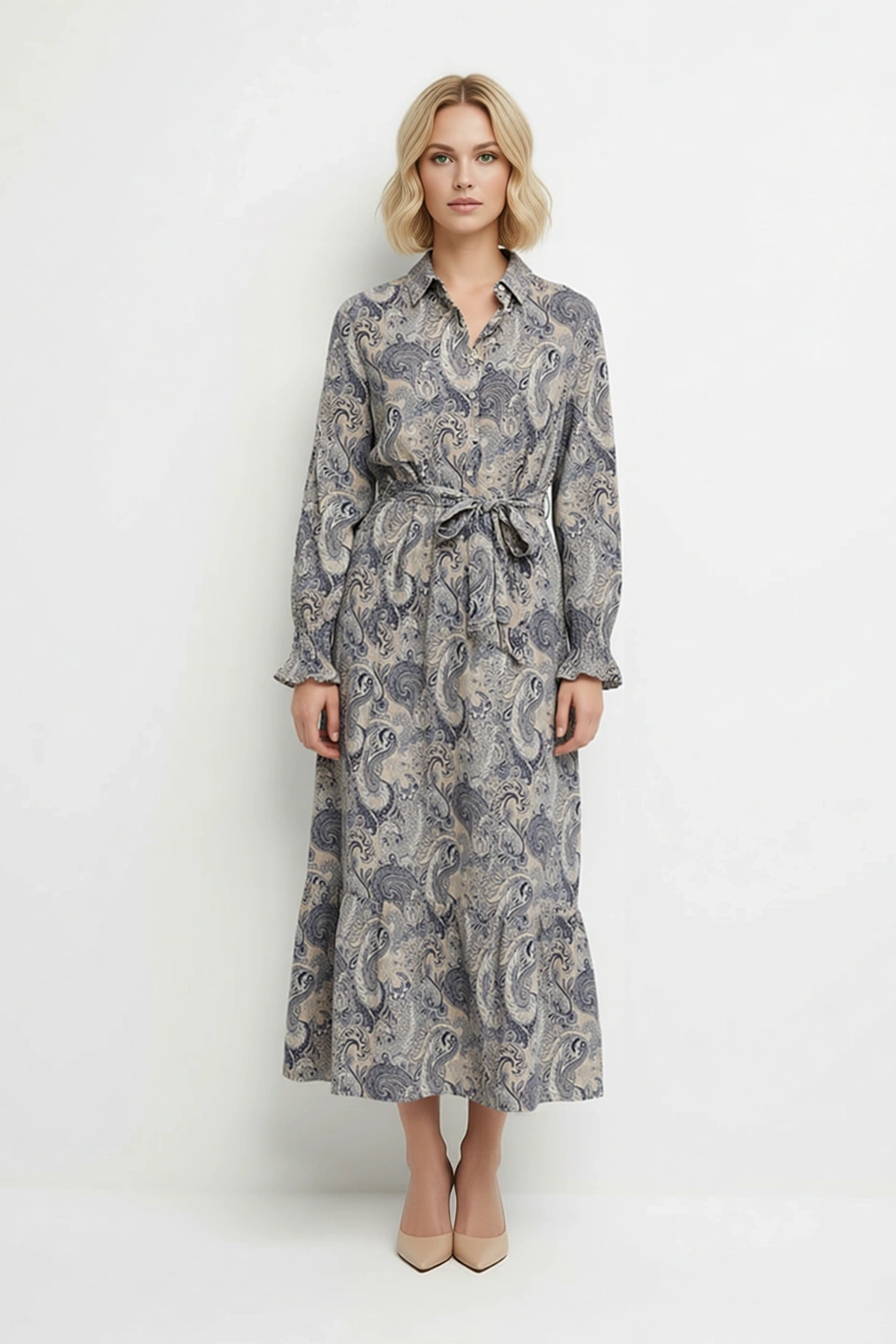 Kadın Şal Desenli İpeksi Dokuma Maxi Elbise Gömlek Yaka Balon Kol A-Line Kesim Günlük Rahat Modern