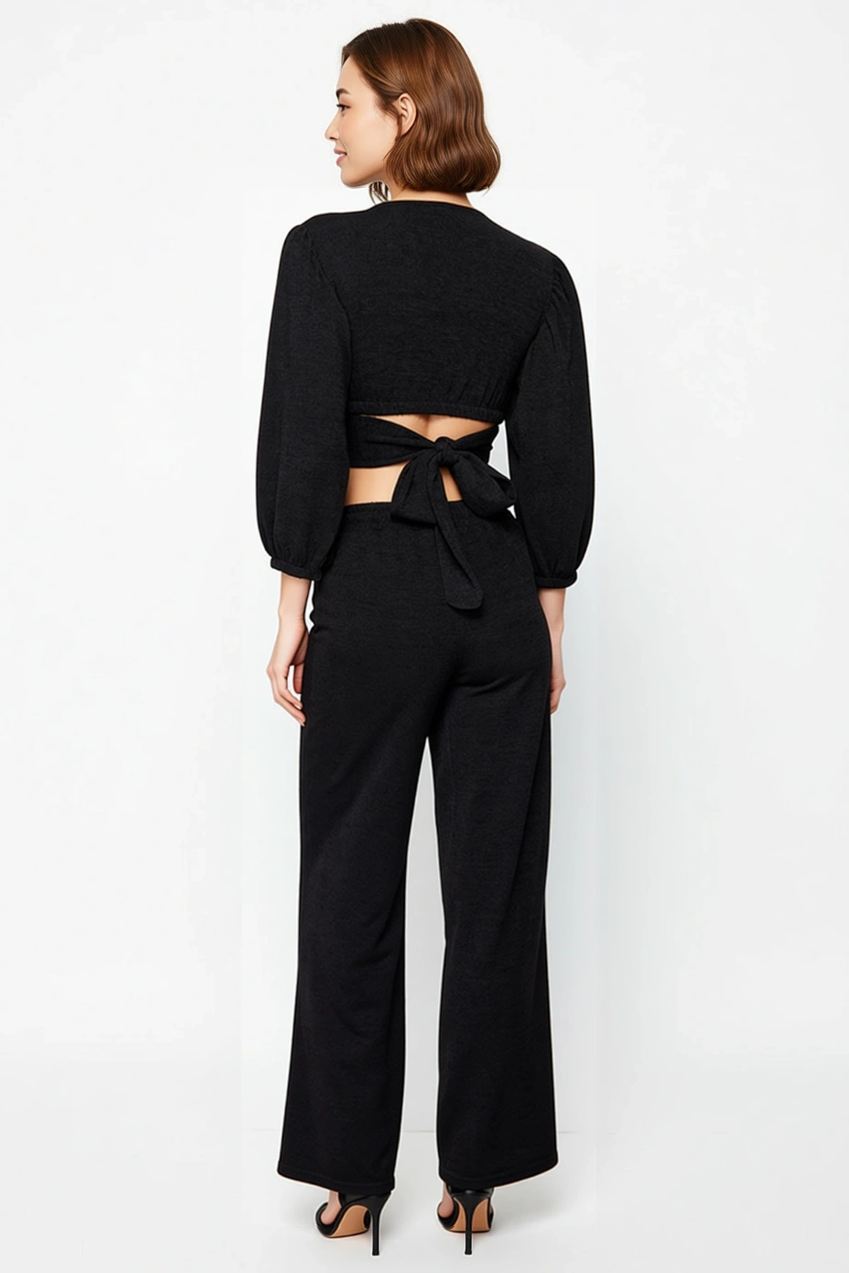Kadın Büyük Beden V Yaka Uzun Kollu Crop Top Geniş Paça Bağlama Detaylı Keten Takım Günlük Rahat