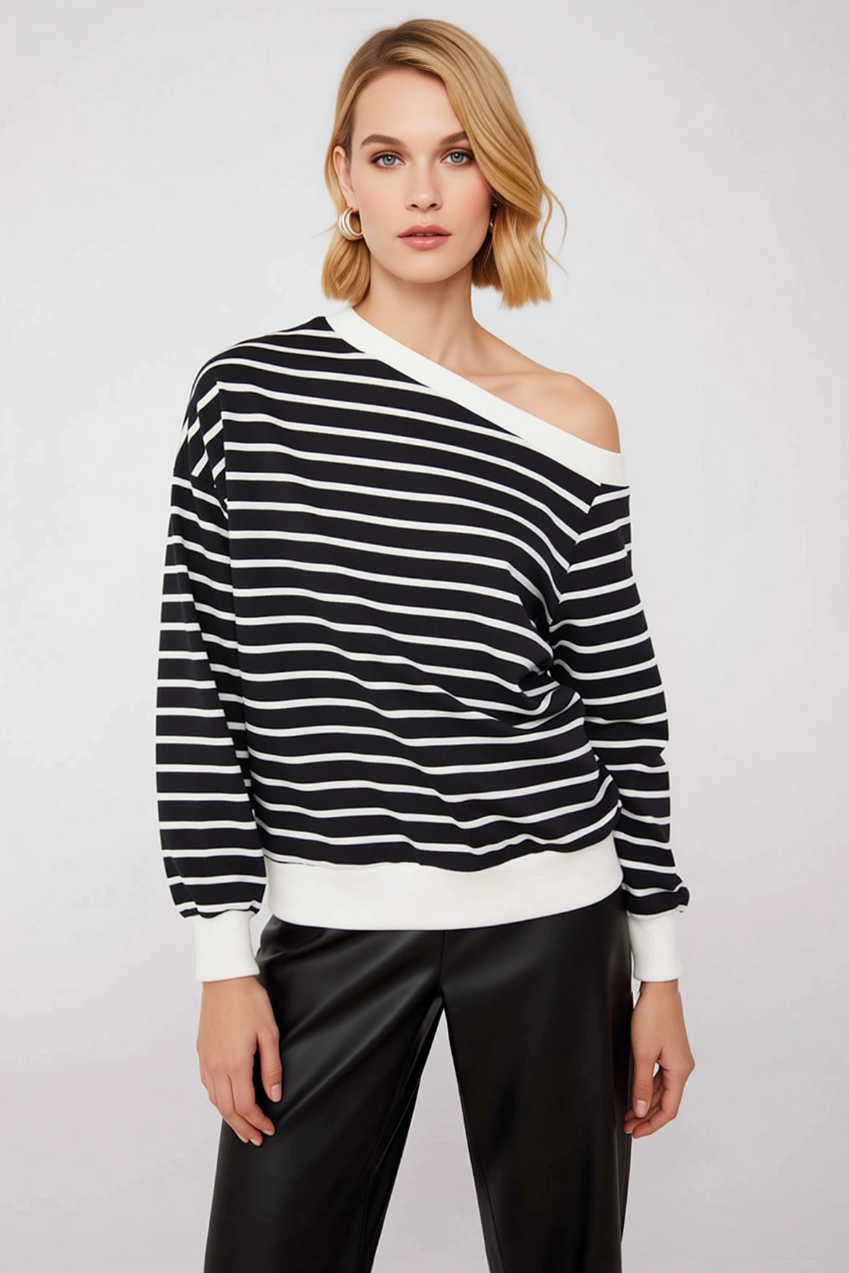 Kadın Asimetrik Yaka Düşük Kol Çizgili İnce Örme Sweatshirt Fonksiyonel Dayanıklı Kaliteli