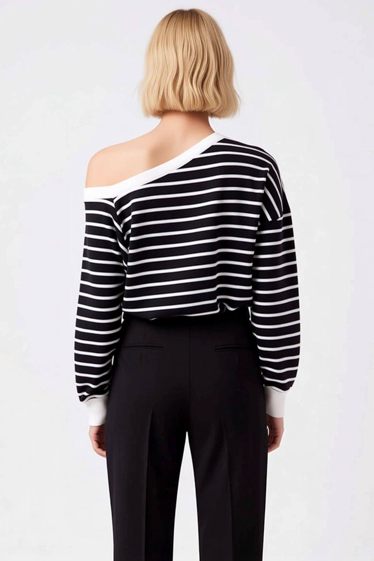 Kadın Asimetrik Yaka Düşük Kol Çizgili İnce Örme Sweatshirt Fonksiyonel Dayanıklı Kaliteli