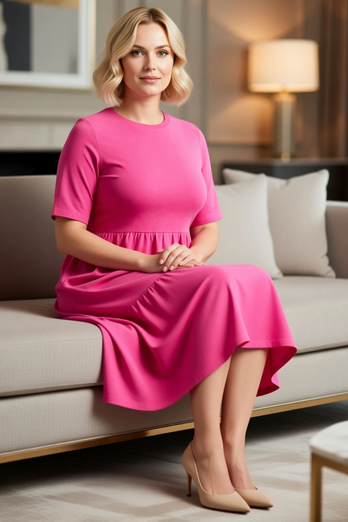 Kadın Büyük Beden Bisiklet Yaka Kısa Kollu Volanlı A-line Midi %100 Pamuk Örme Elbise Günlük Rahat