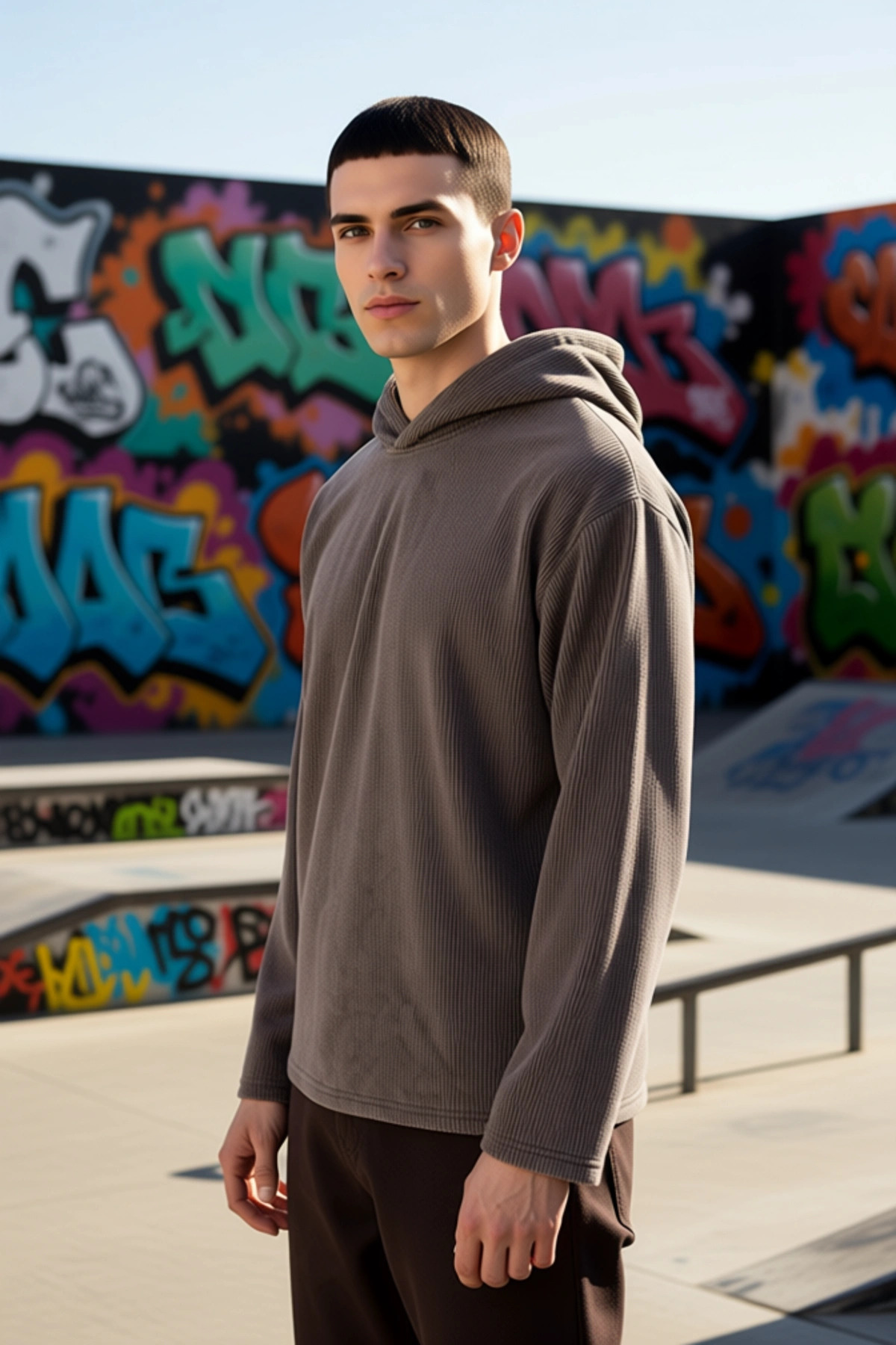 Erkek Kapüşonlu Standart Kol Fitilli Kadife Oversize Kalıp Sweatshirt Fonksiyonel Kaliteli