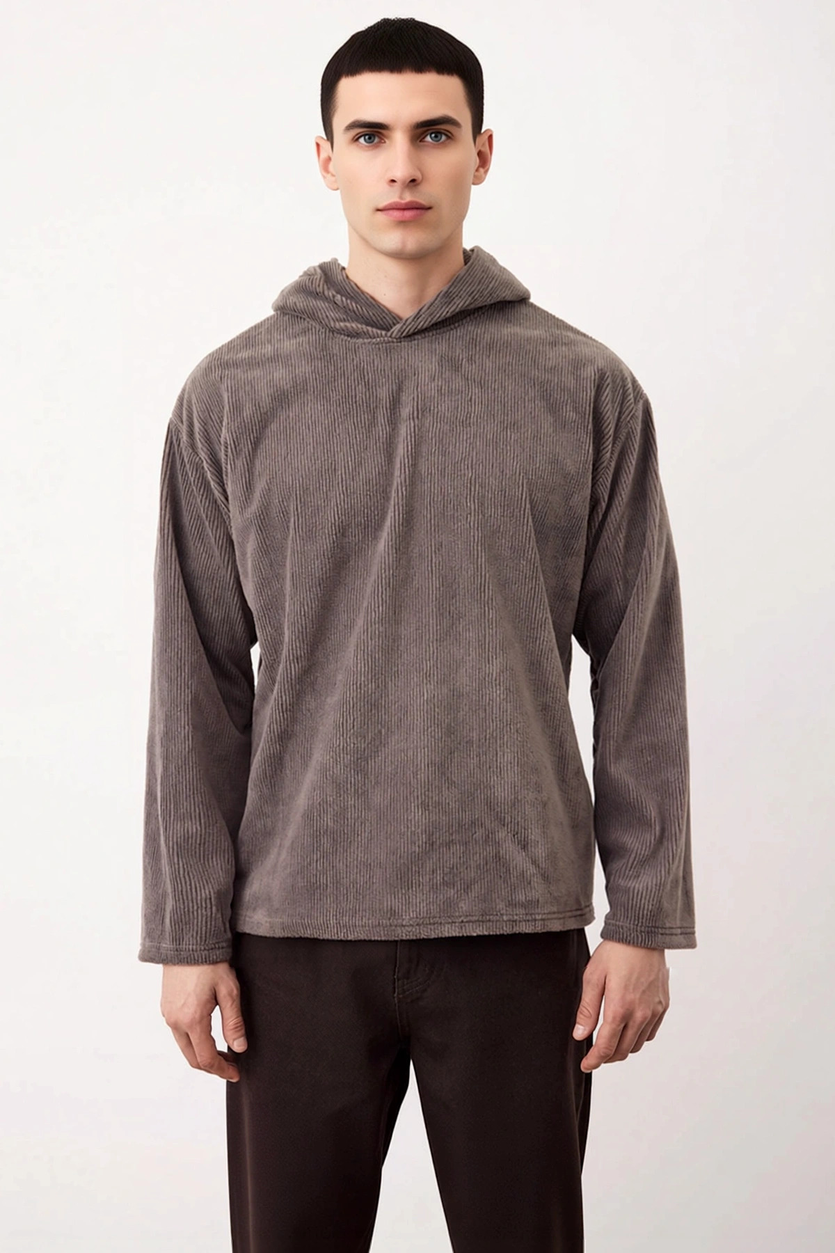 Erkek Kapüşonlu Standart Kol Fitilli Kadife Oversize Kalıp Sweatshirt Fonksiyonel Kaliteli