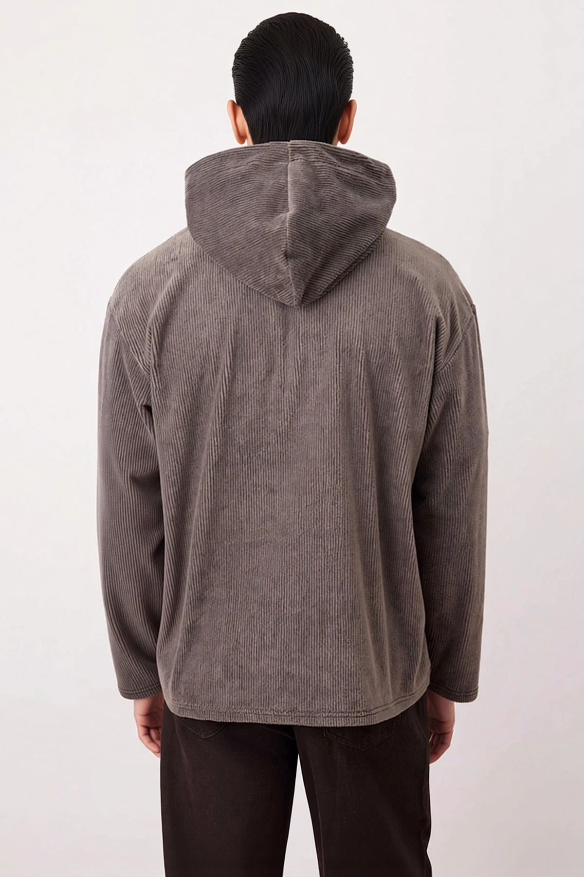 Erkek Kapüşonlu Standart Kol Fitilli Kadife Oversize Kalıp Sweatshirt Fonksiyonel Kaliteli