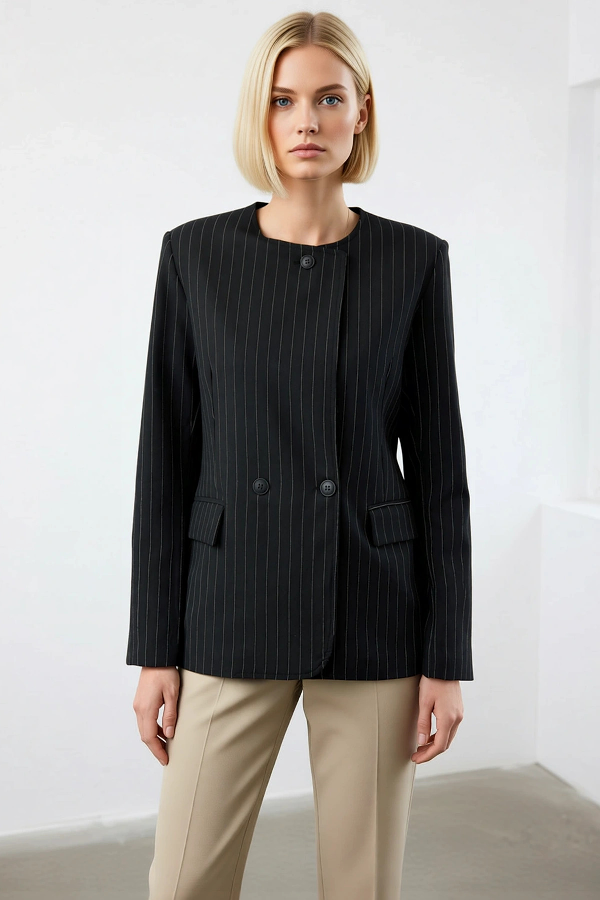 Kadın Çizgili Bisiklet Yaka Uzun Kol Standart Kalıp Dokuma Blazer Ceket Fonksiyonel Modern
