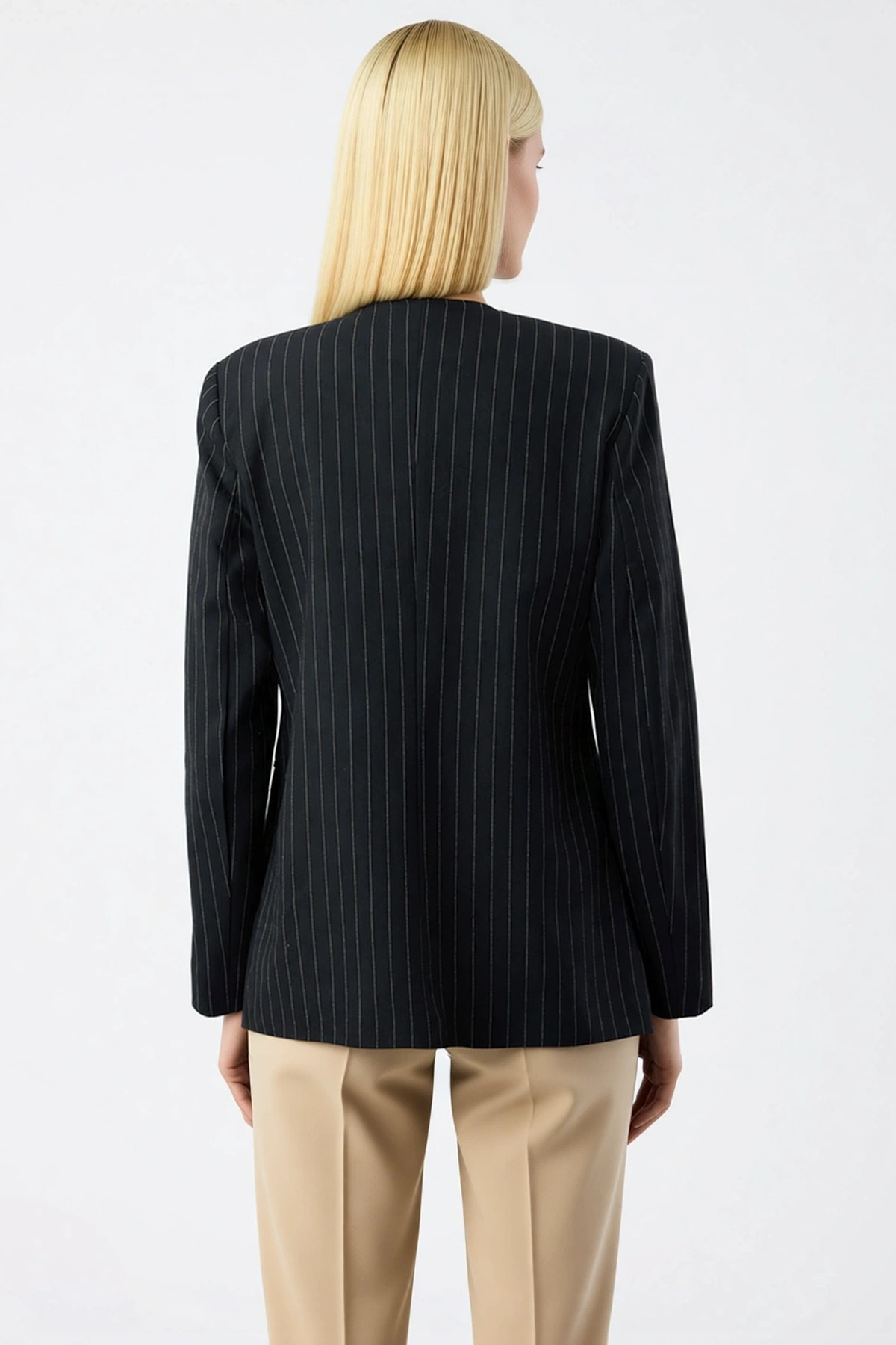 Kadın Çizgili Bisiklet Yaka Uzun Kol Standart Kalıp Dokuma Blazer Ceket Fonksiyonel Modern