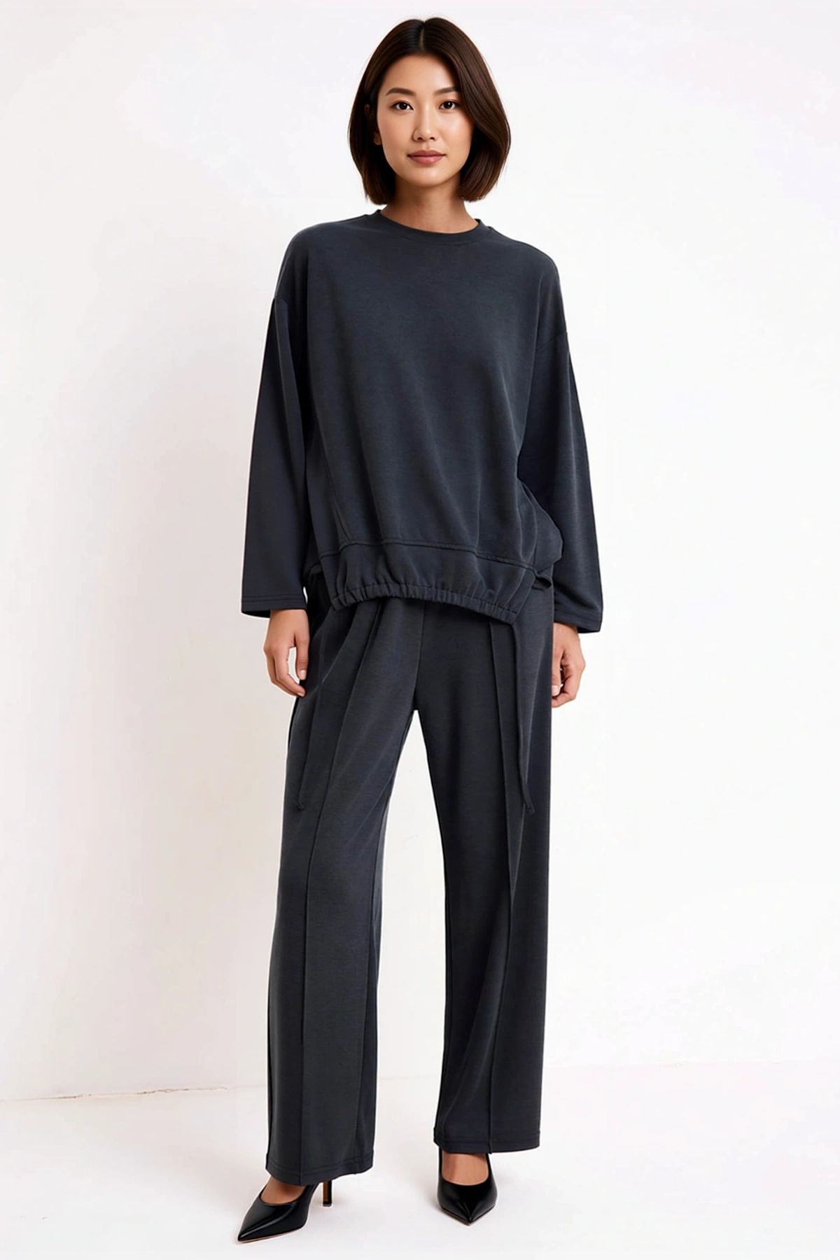 Kadın Oversize Silky İnterlok Örme Takım Uzun Kollu Rahat Kesim Modal Polyester Düz Desen Konforlu