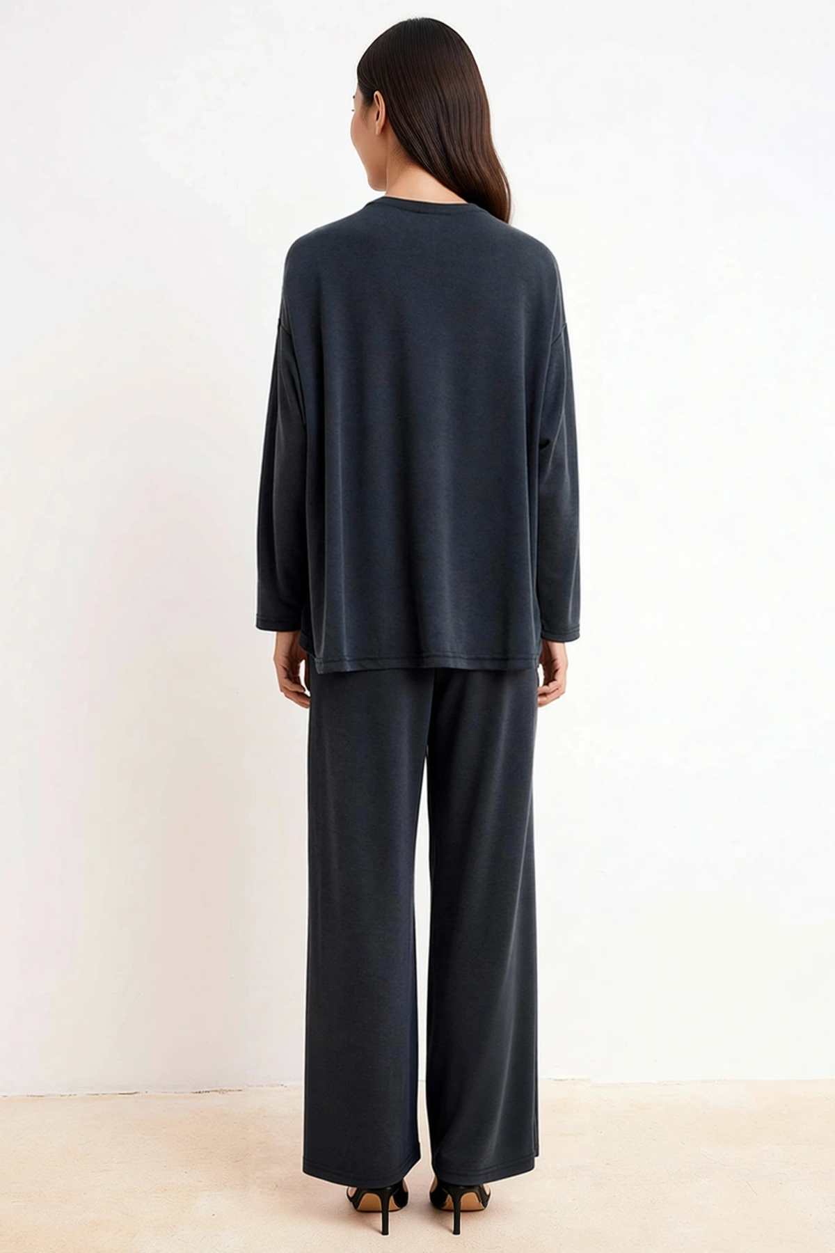 Kadın Oversize Silky İnterlok Örme Takım Uzun Kollu Rahat Kesim Modal Polyester Düz Desen Konforlu
