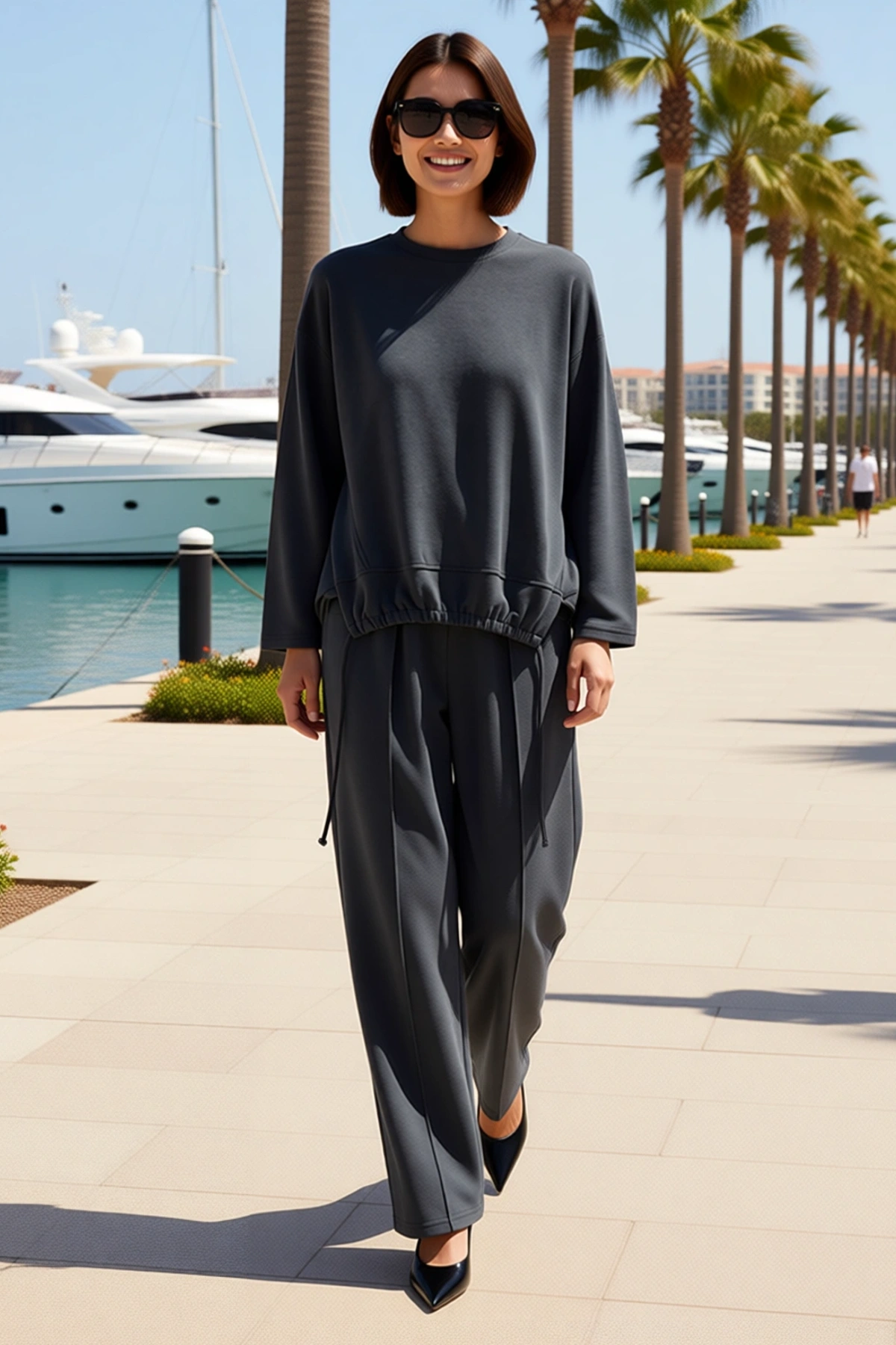 Kadın Oversize Silky İnterlok Örme Takım Uzun Kollu Rahat Kesim Modal Polyester Düz Desen Konforlu