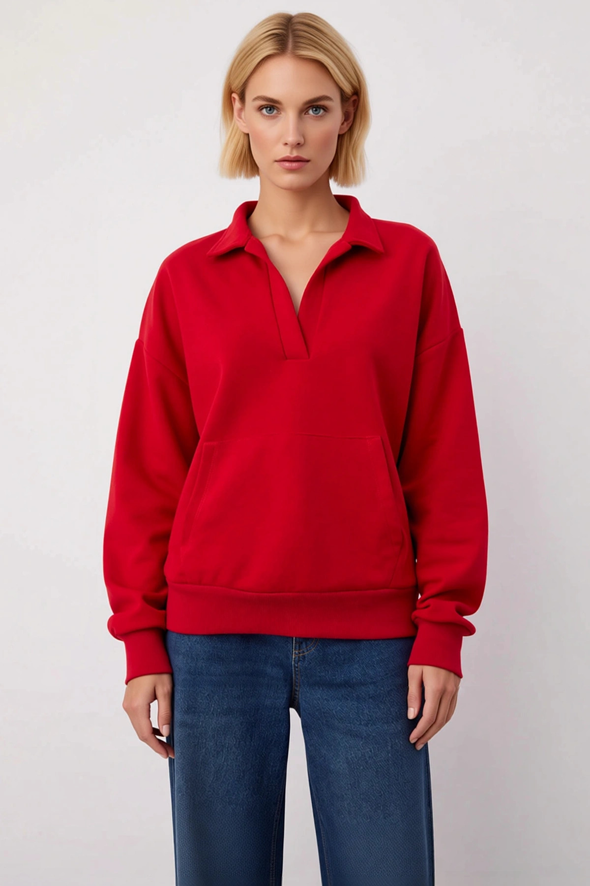 Kadın Polo Yaka Düşük Kol Geniş Kesim Örme Sweatshirt Fonksiyonel Dayanıklı Kaliteli Rahat