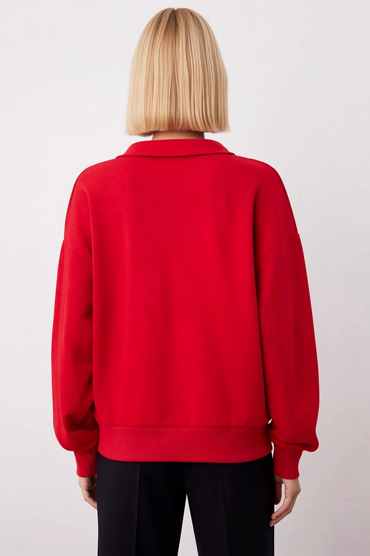 Kadın Polo Yaka Düşük Kol Geniş Kesim Örme Sweatshirt Fonksiyonel Dayanıklı Kaliteli Rahat