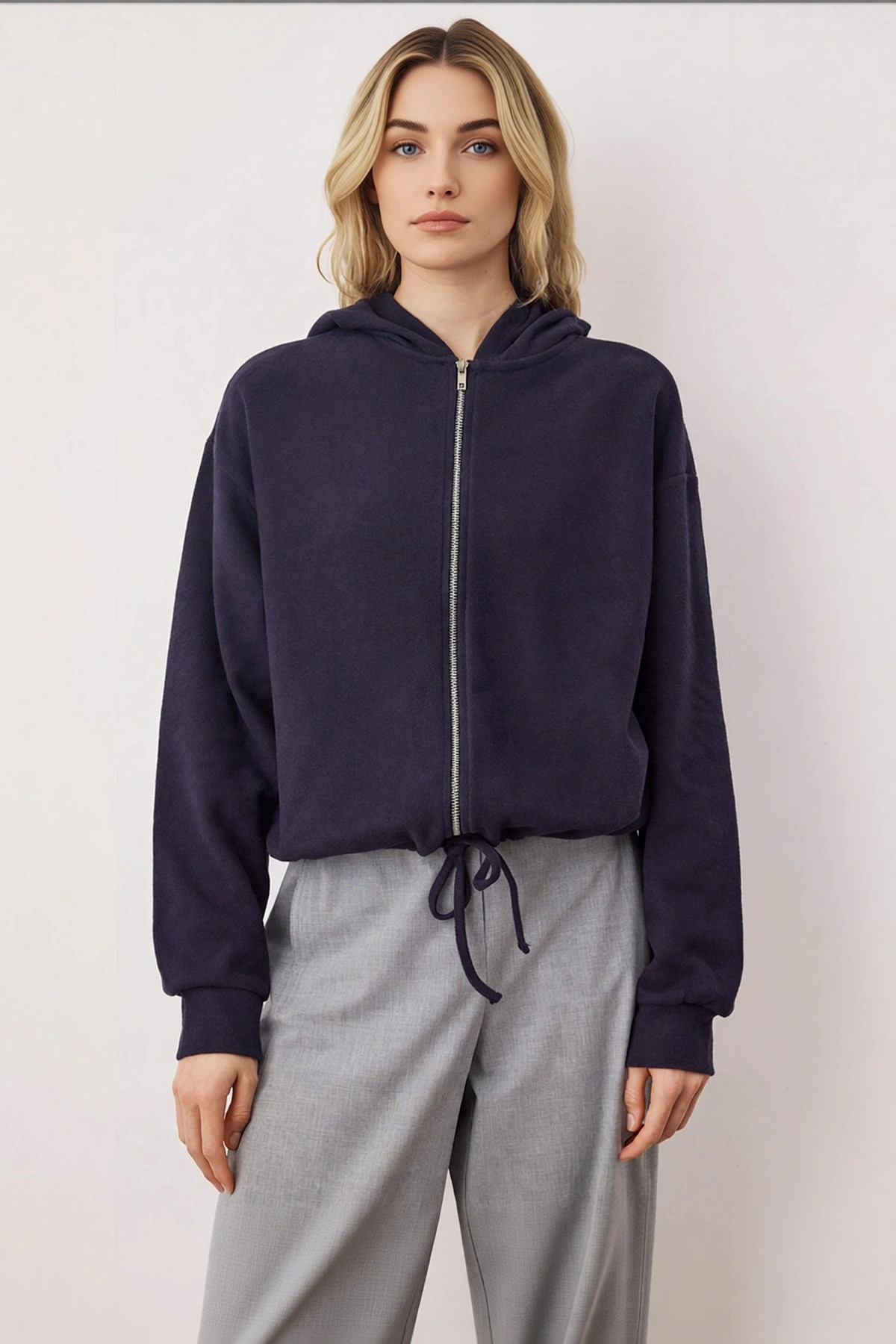 Kadın Kapüşonlu Düşük Kol Fermuarlı Selanik Örme Sweatshirt Fonksiyonel Dayanıklı Kaliteli