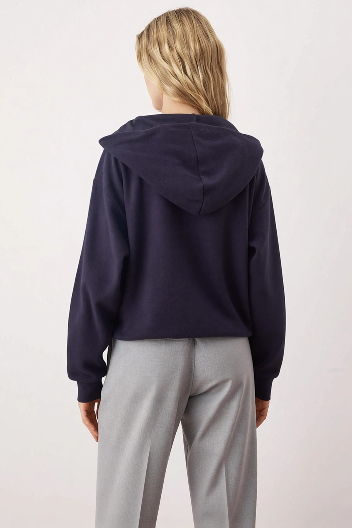 Kadın Kapüşonlu Düşük Kol Fermuarlı Selanik Örme Sweatshirt Fonksiyonel Dayanıklı Kaliteli