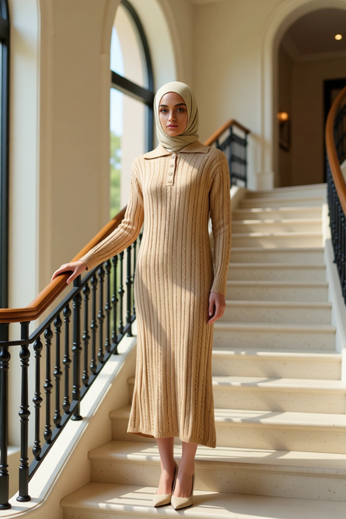 Kadın Polo Yaka Standart Kol Saç Örgü Desenli Maxi Triko Elbise Fonksiyonel Dayanıklı Spor