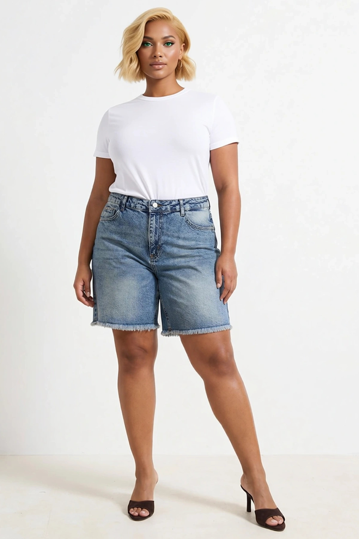 Kadın Büyük Beden Şort Denim Bermuda Yüksek Bel Destroylu Geniş Paça Düz Desen Non Stretch