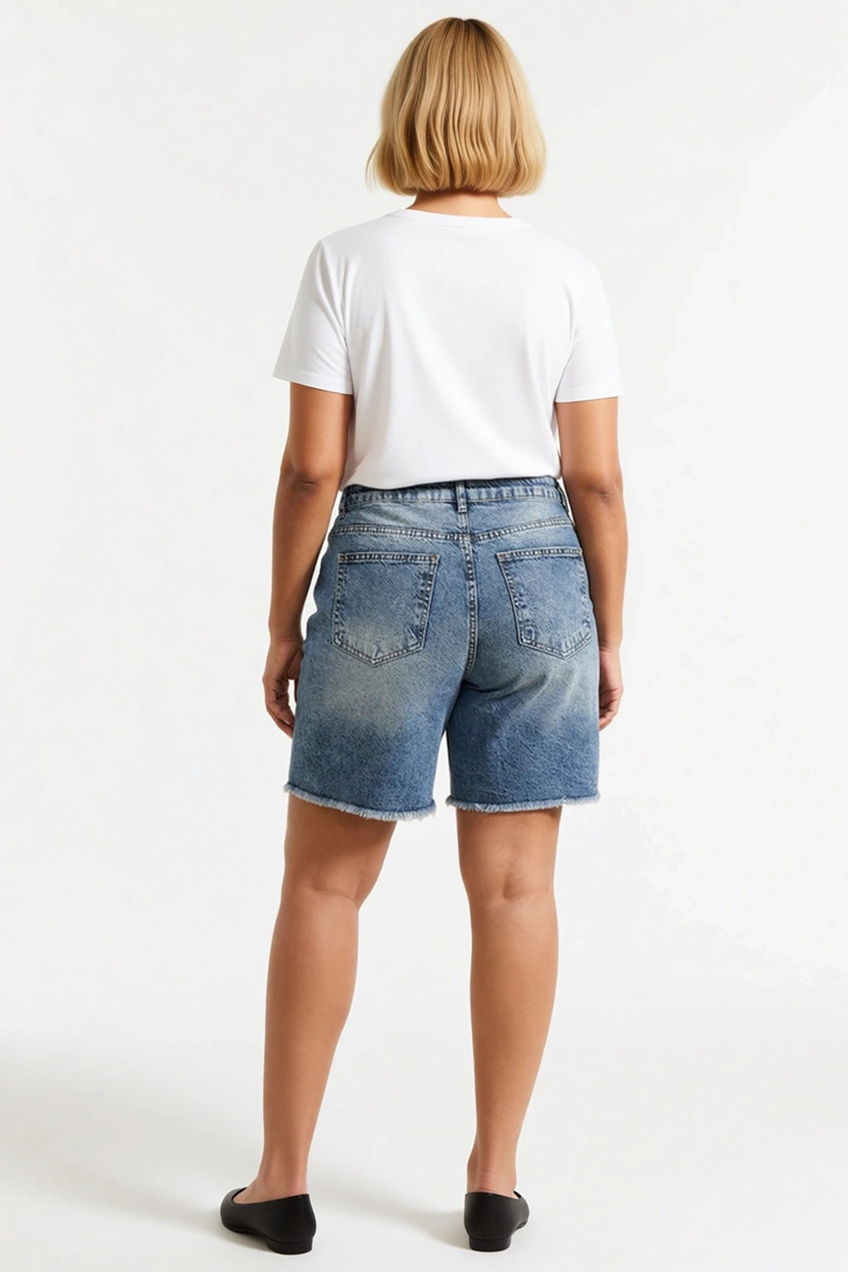 Kadın Büyük Beden Şort Denim Bermuda Yüksek Bel Destroylu Geniş Paça Düz Desen Non Stretch