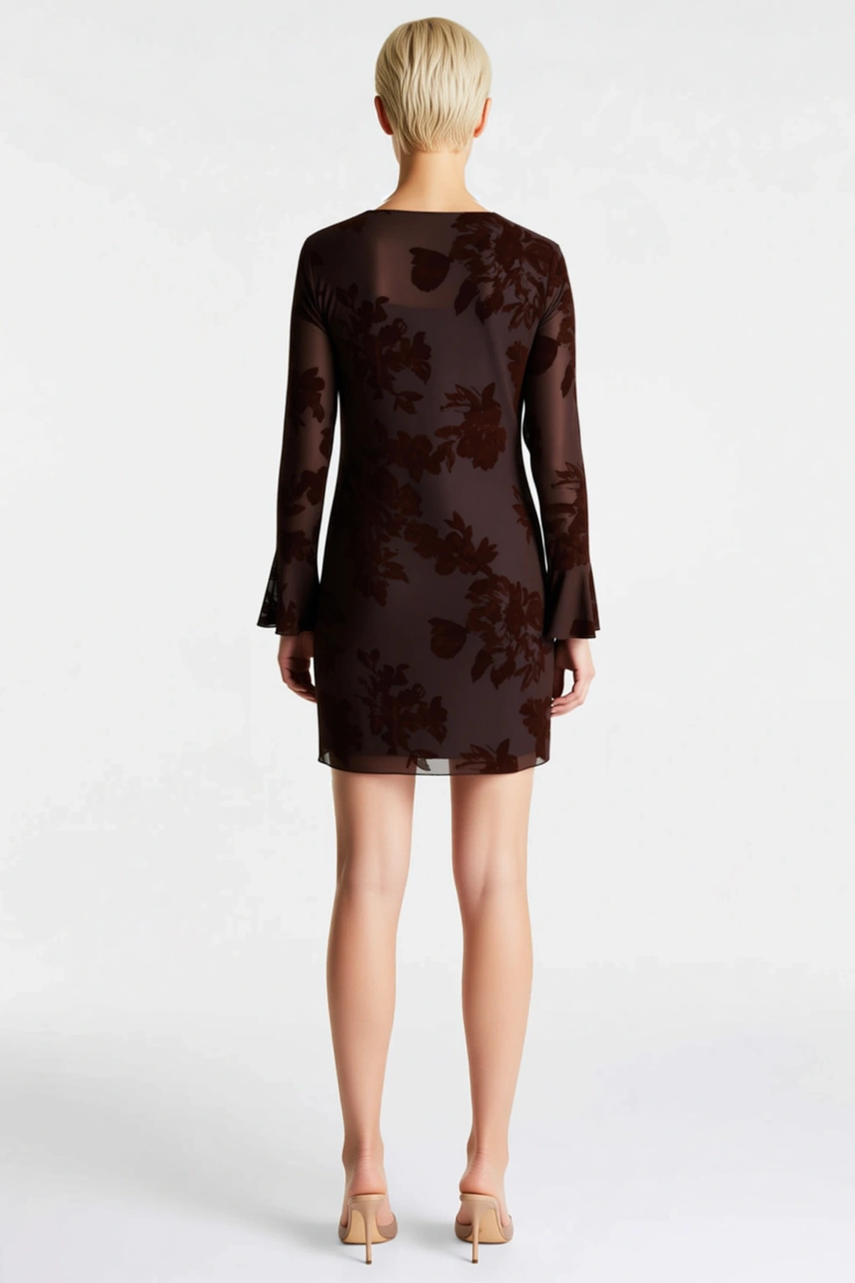 Kadın Bisiklet Yaka Uzun Kollu Bodycon Kalıp Çiçekli Desenli Tül Elbise Fonksiyonel Modern