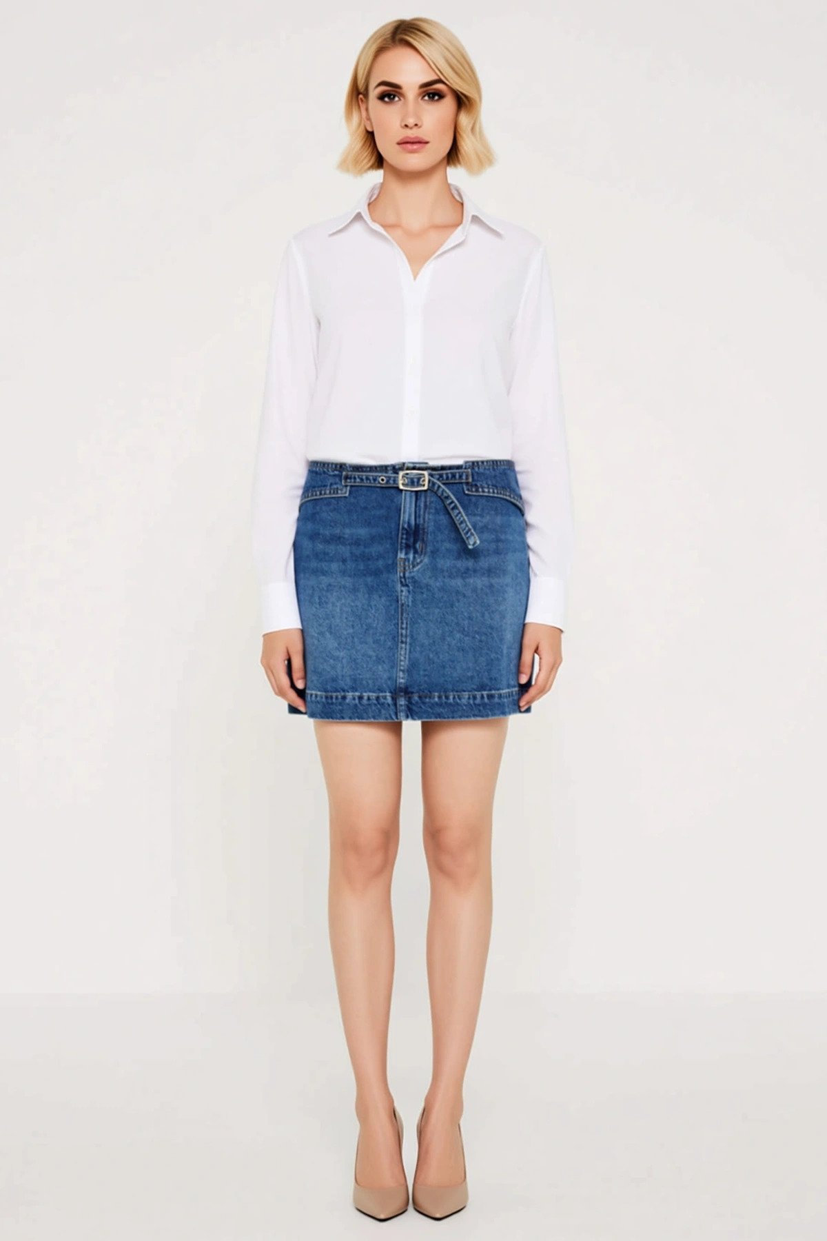 Kadın 100 Pamuk Düz Desen Rigid Dokuma Denim A line Kalıp Kemer Detaylı Kısa Boy Mini Etek