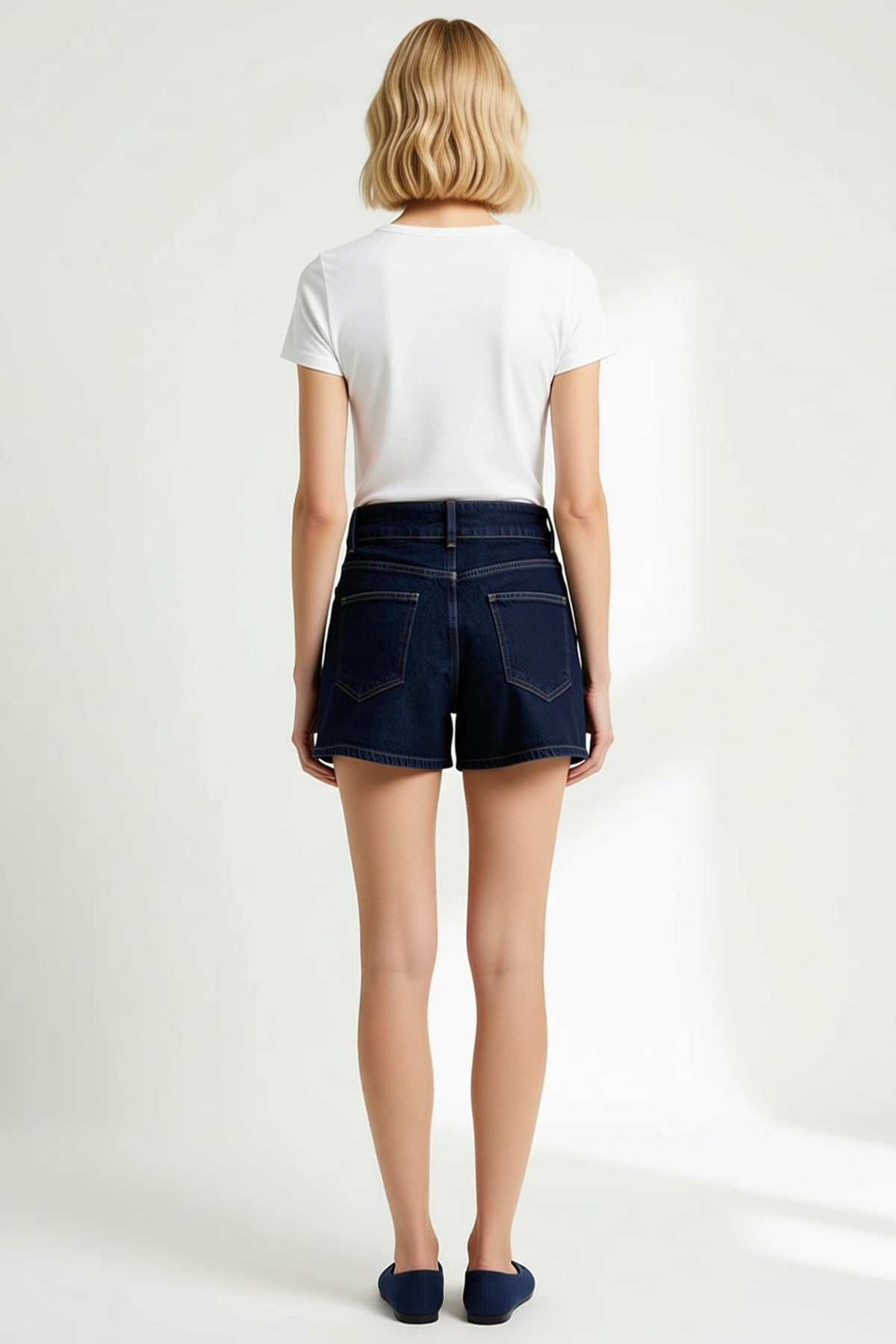 Kadın Şort Etek Yüksek Bel Mini Denim Düz Desen Dar Paça Koyu Yazlık Comfort Dokuma Modern