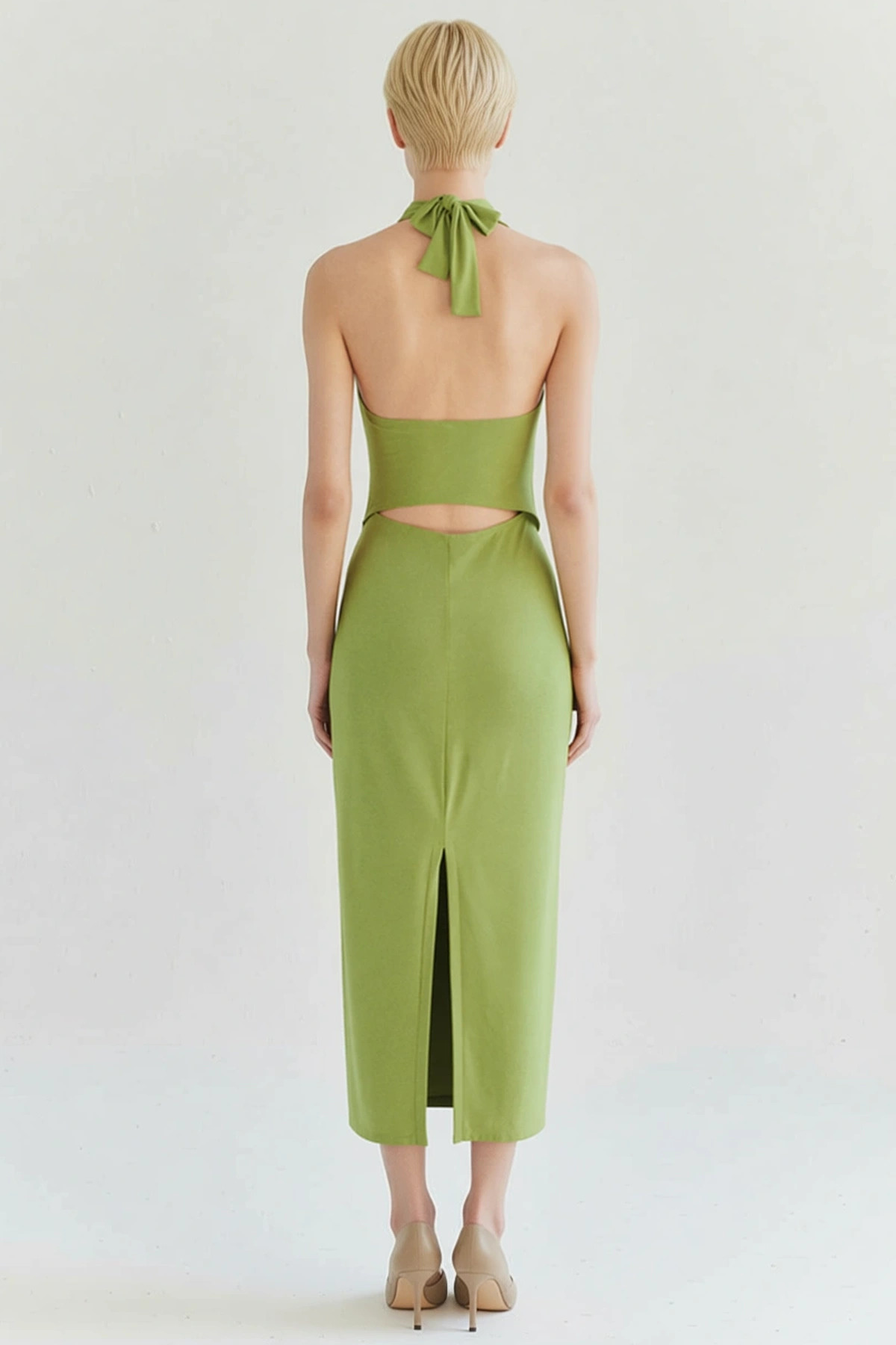 Kadın V Yaka Kolsuz Düz Desen Bodycon Kalıp Esnek Midi Örme Elbise