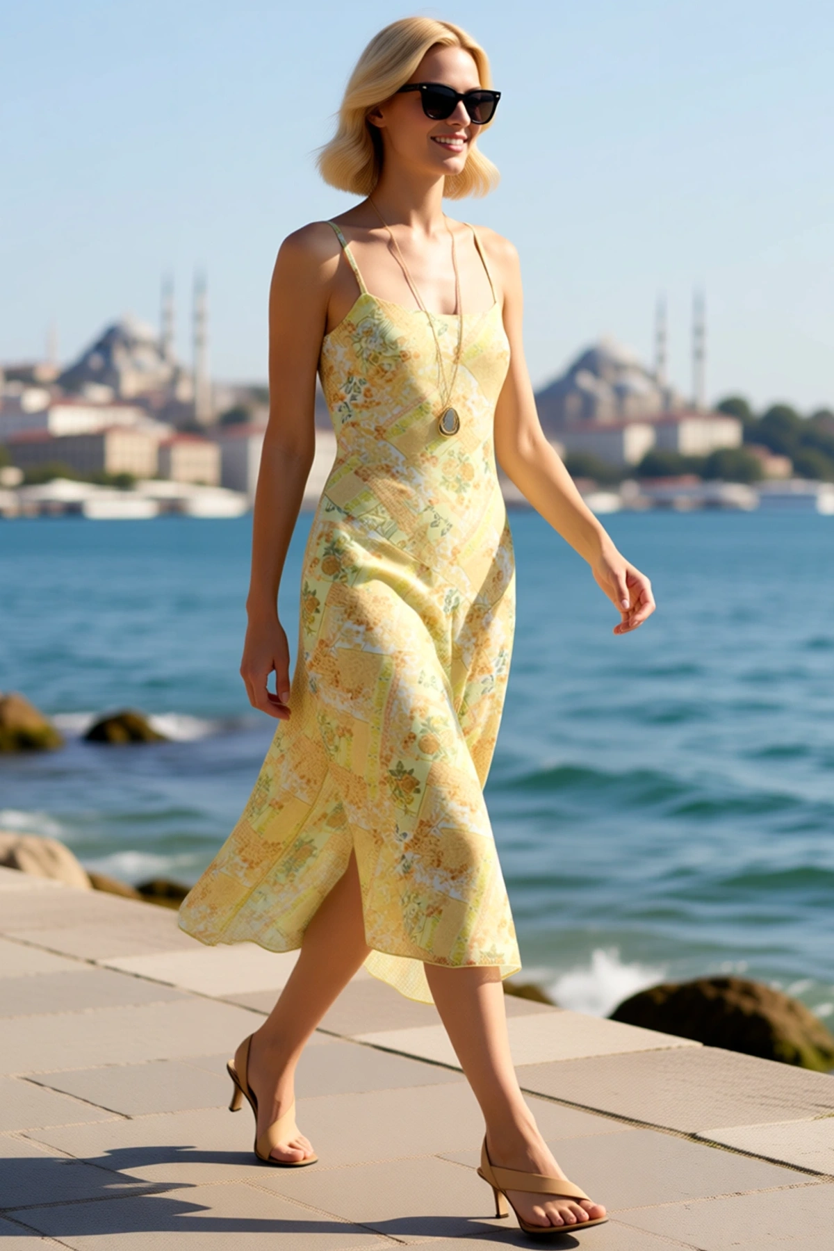 Kadın İnce Askılı Havuz Yaka Kolsuz Baskılı Tül Örme Midi Elbise Astarlı Günlük Rahat Modern Şık