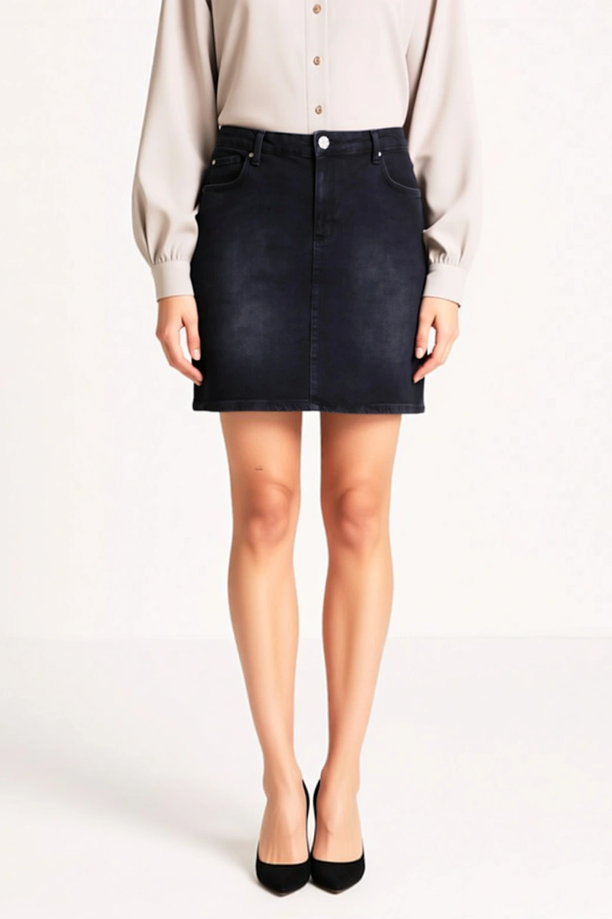 Kadın Büyük Beden A Line Mini Denim Etek Yüksek Bel Taşlı Düğme Detaylı Comfort Esnek Kesim Günlük
