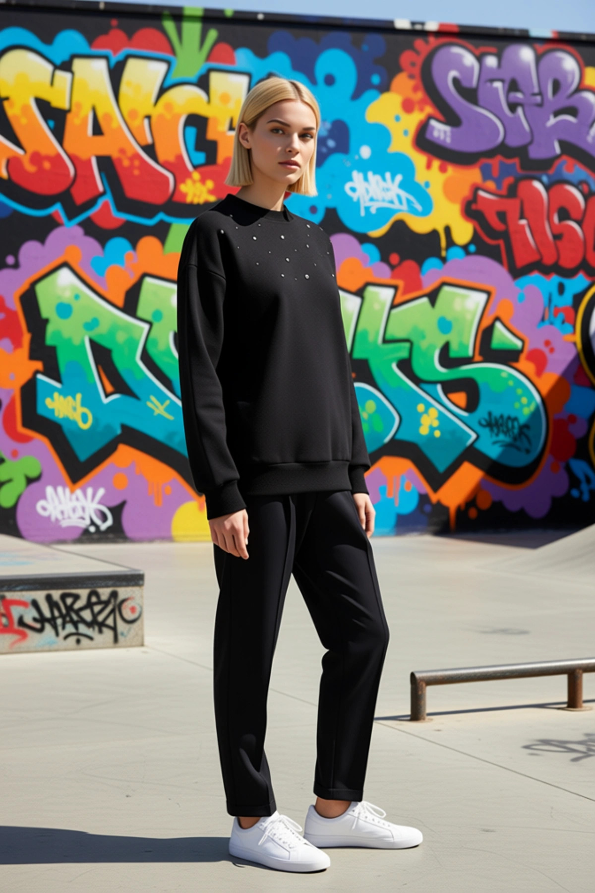 Kadın Bisiklet Yaka Standart Kol Geniş Kalıp Taş Detaylı Sweatshirt Fonksiyonel Dayanıklı Şık