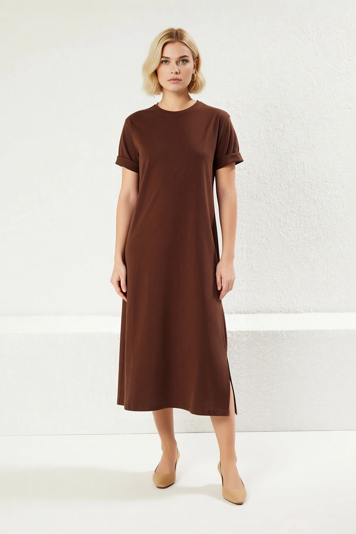 Kadın Bisiklet Yaka Kısa Kol Midi T-Shirt Elbise %100 Pamuk Süprem Dokulu Yırtmaçlı Rahat Kesim
