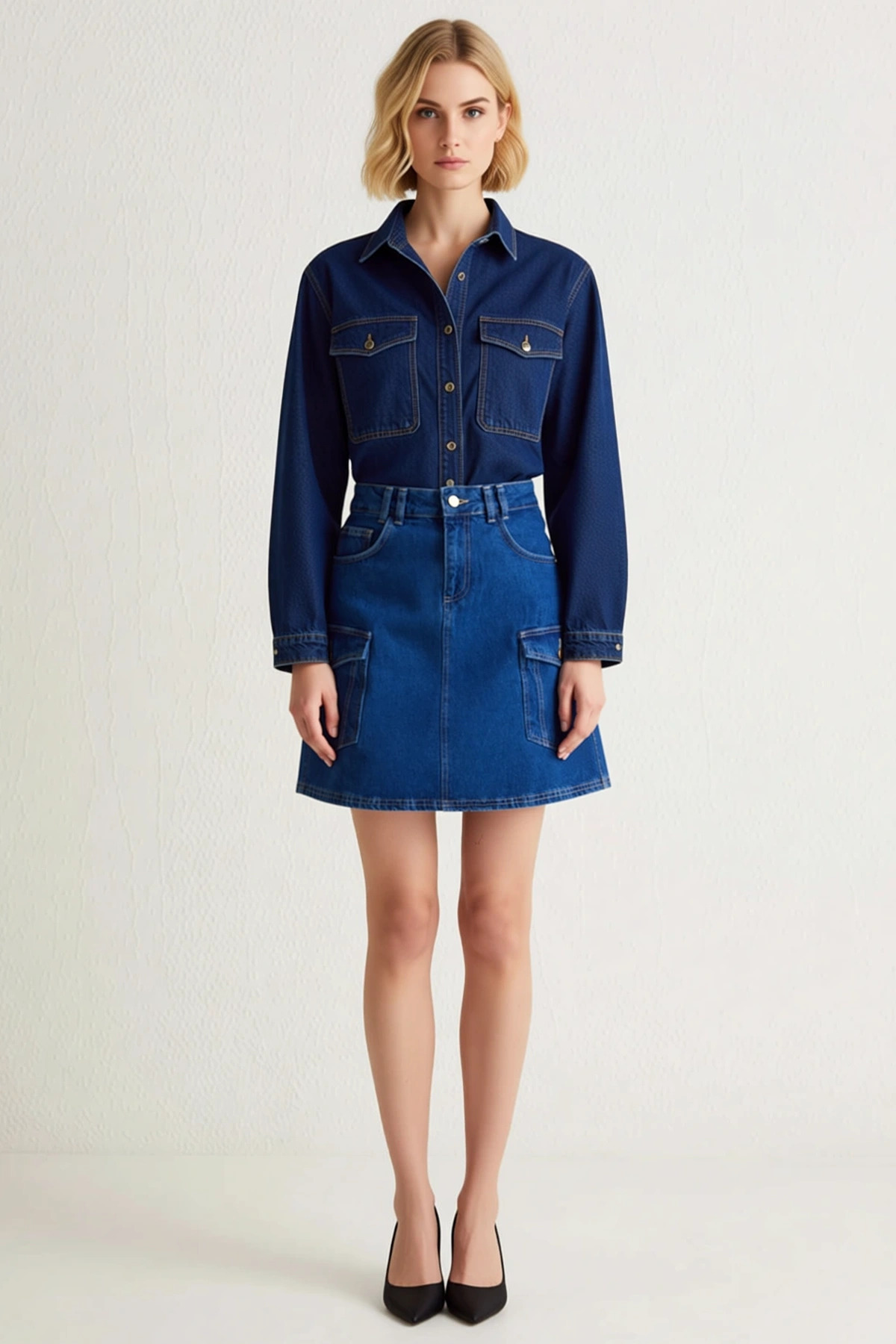 Kadın %100 Pamuk A Kesim Kargo Cepli Mini Denim Etek Fonksiyonel Dayanıklı Kaliteli Modern