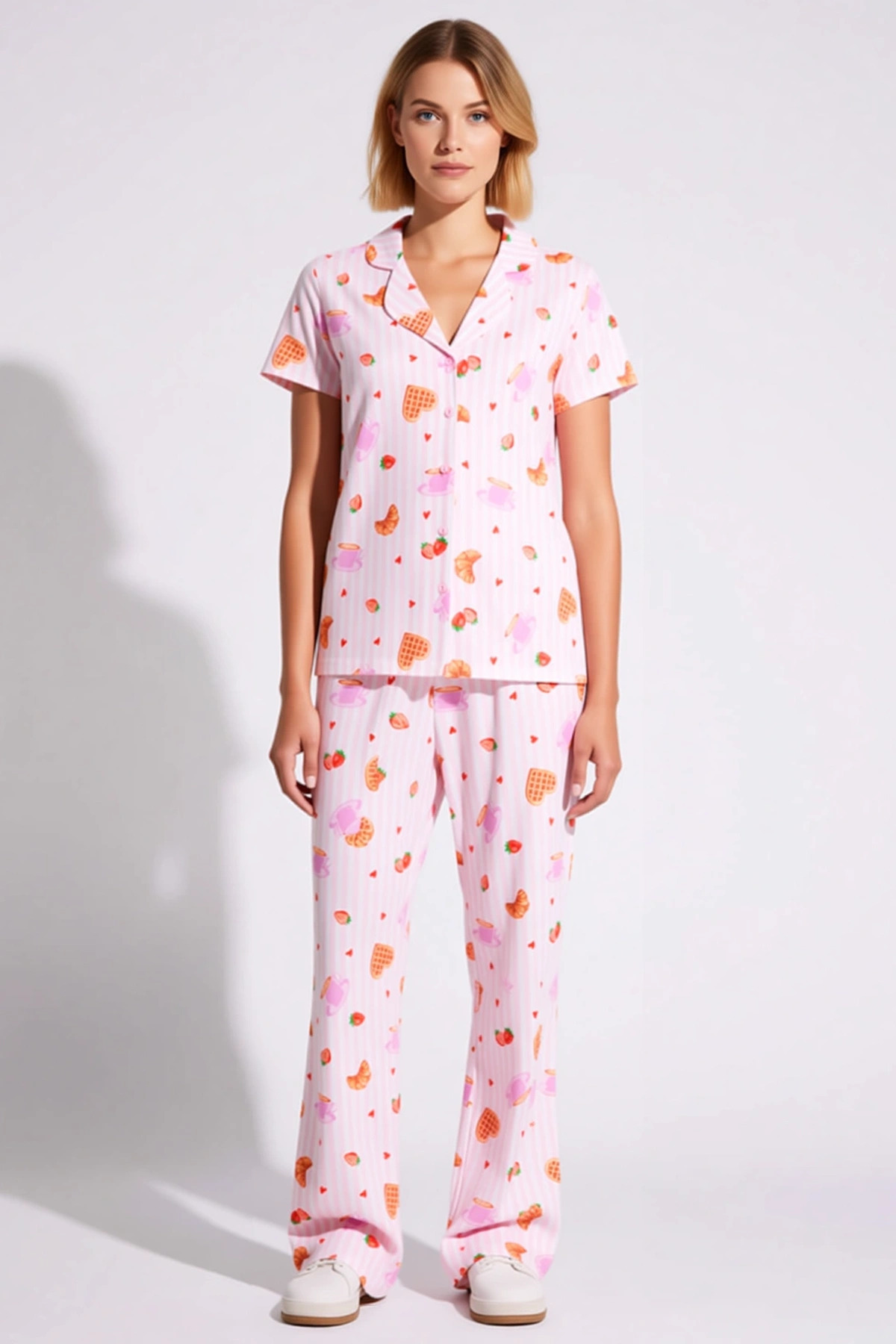 Kadın Gömlek Yaka Kısa Kol Eğlence Desenli Pijama Takımı Regular Kalıp Kaliteli %100 Pamuk