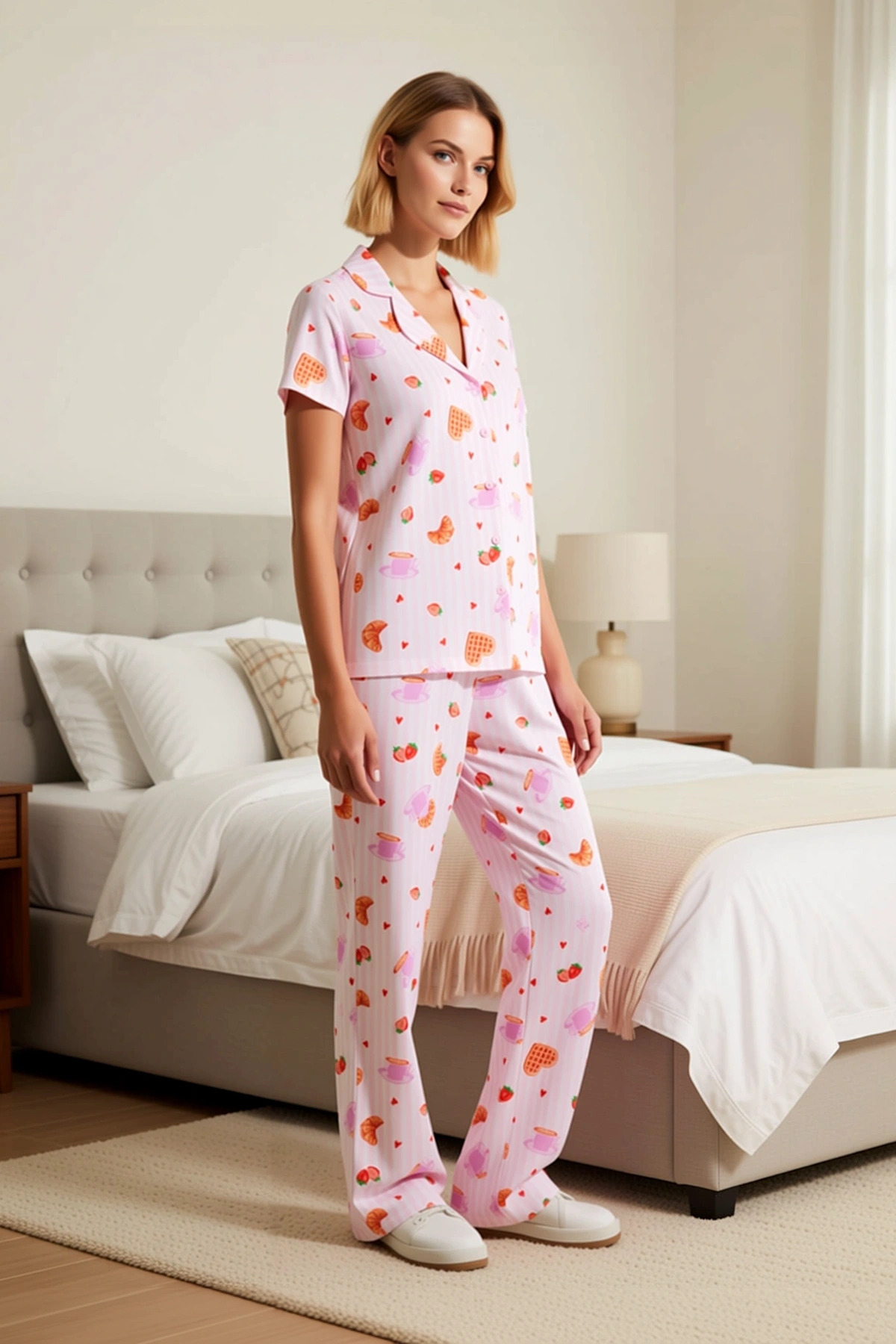 Kadın Gömlek Yaka Kısa Kol Eğlence Desenli Pijama Takımı Regular Kalıp Kaliteli %100 Pamuk