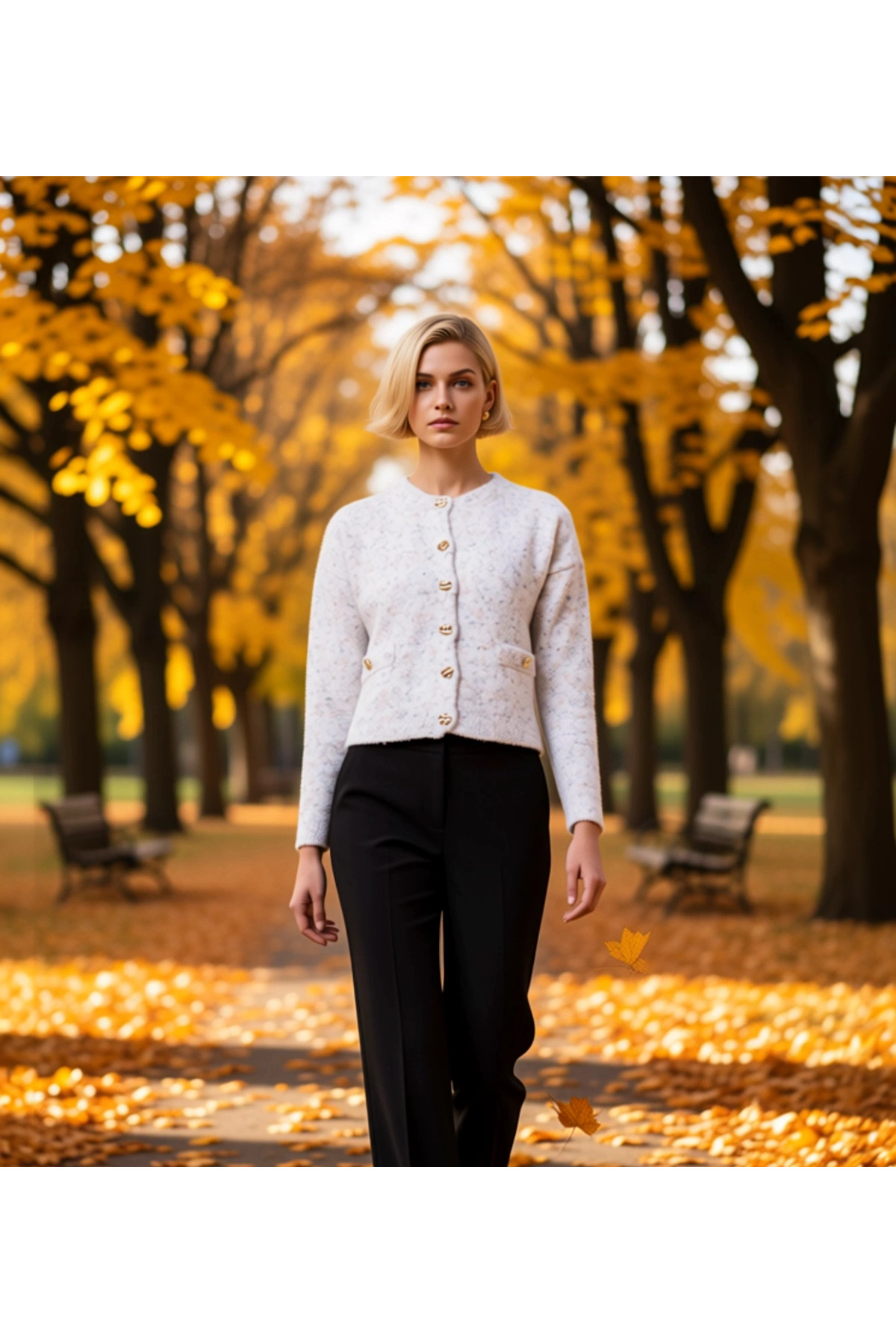 Alternative view of Kadın Dokulu Triko Hırka Altın Düğmeli Rahat Kesim Uzun Kollu Gündelik Şıklık Sunan Konforlu Tasarım