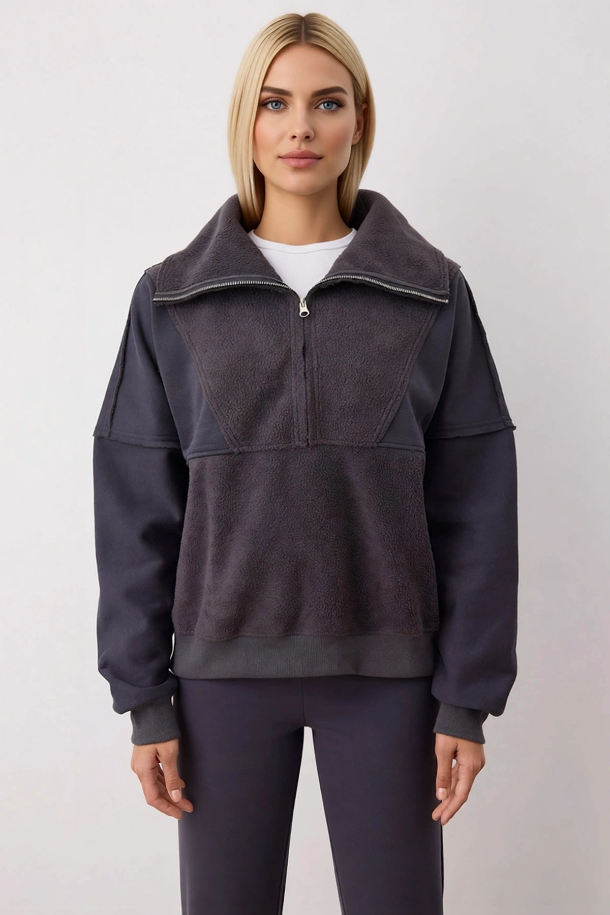 Kadın Dik Yaka Düşük Kol Fermuarlı Polar Sweatshirt Fonksiyonel Dayanıklı Kaliteli Estetik