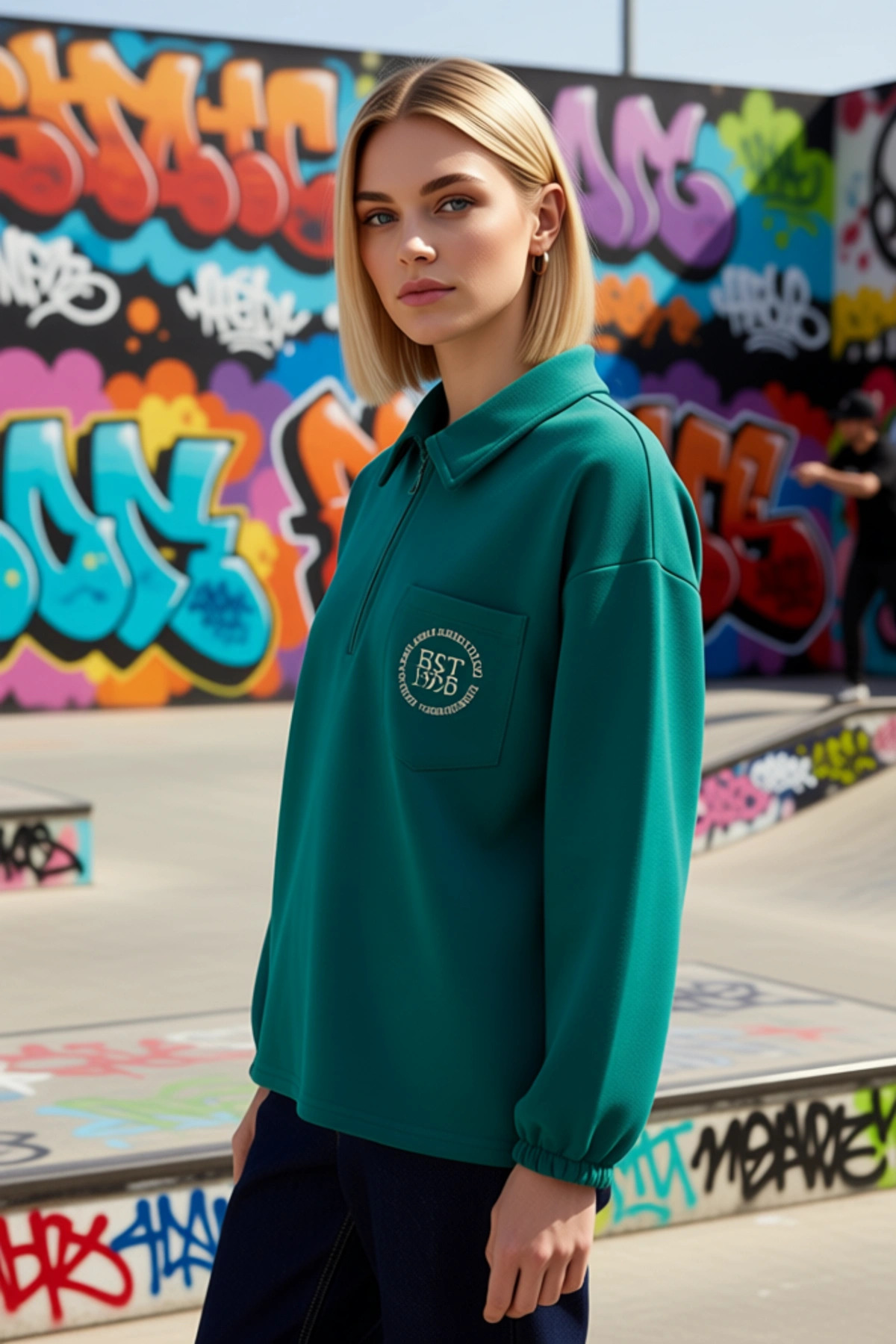 Kadın Polo Yaka Düşük Kol Nakışlı Fermuarlı Sweatshirt Fonksiyonel Dayanıklı Kaliteli Spor