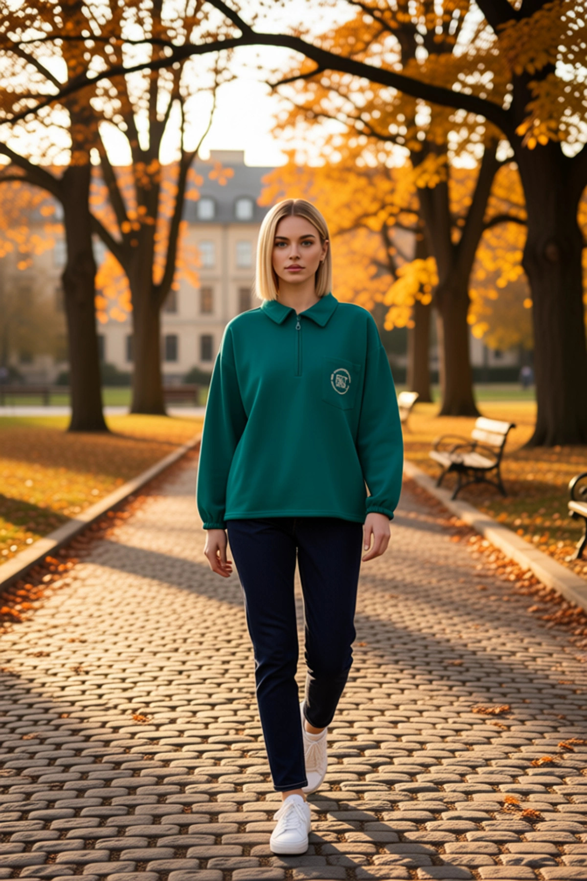 Kadın Polo Yaka Düşük Kol Nakışlı Fermuarlı Sweatshirt Fonksiyonel Dayanıklı Kaliteli Spor